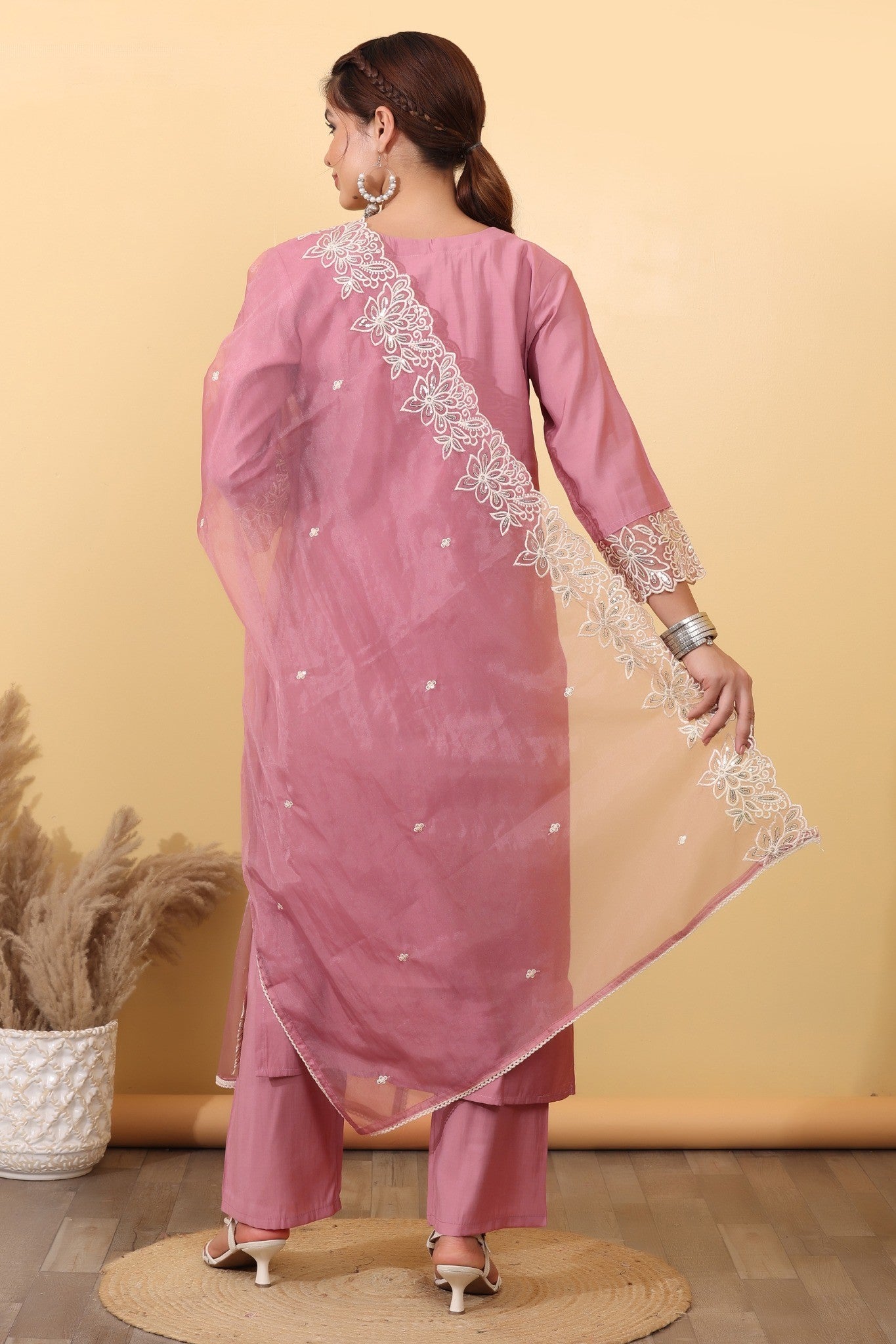 Blush Pink Embroidered Organza Suit Set with Floral Lace Dupatta HSDAASKKN000030