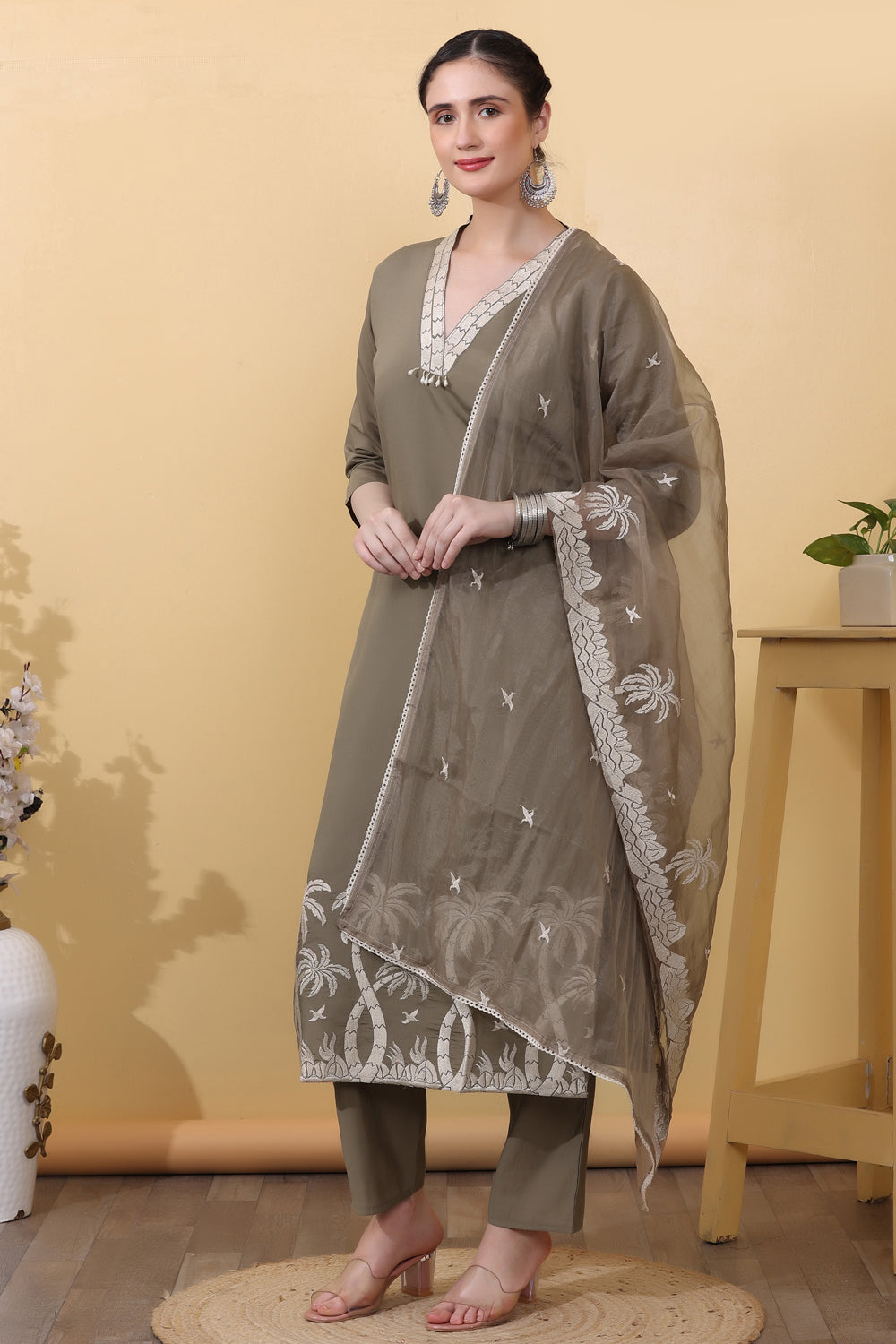 Mauve Roman Silk Salwar Kurta Dupatta Set for Women