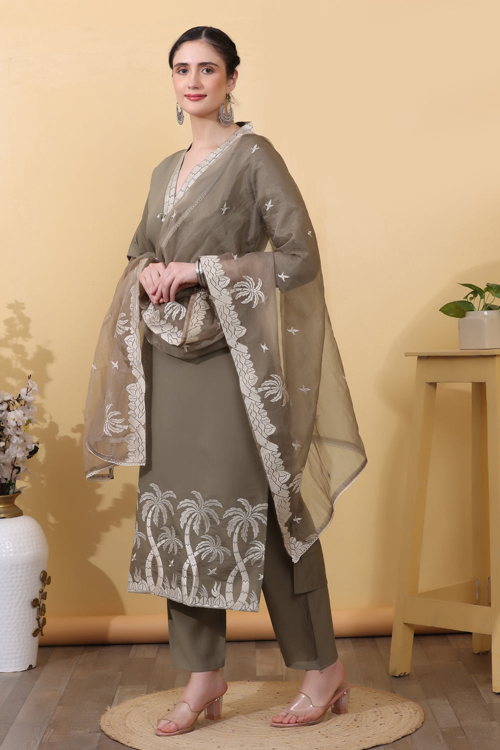 Mauve Roman Silk Salwar Kurta Dupatta Set for Women