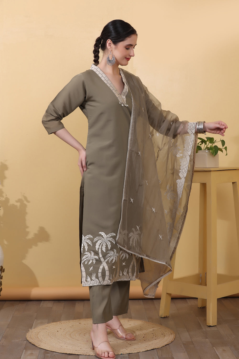 Mauve Roman Silk Salwar Kurta Dupatta Set for Women