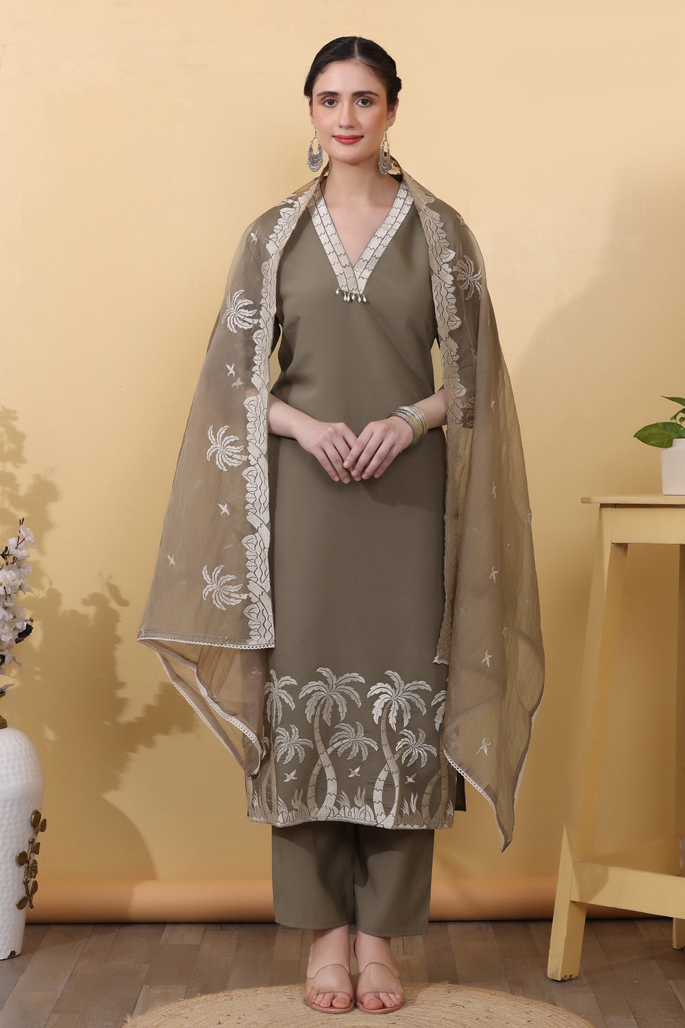 Mauve Roman Silk Salwar Kurta Dupatta Set for Women