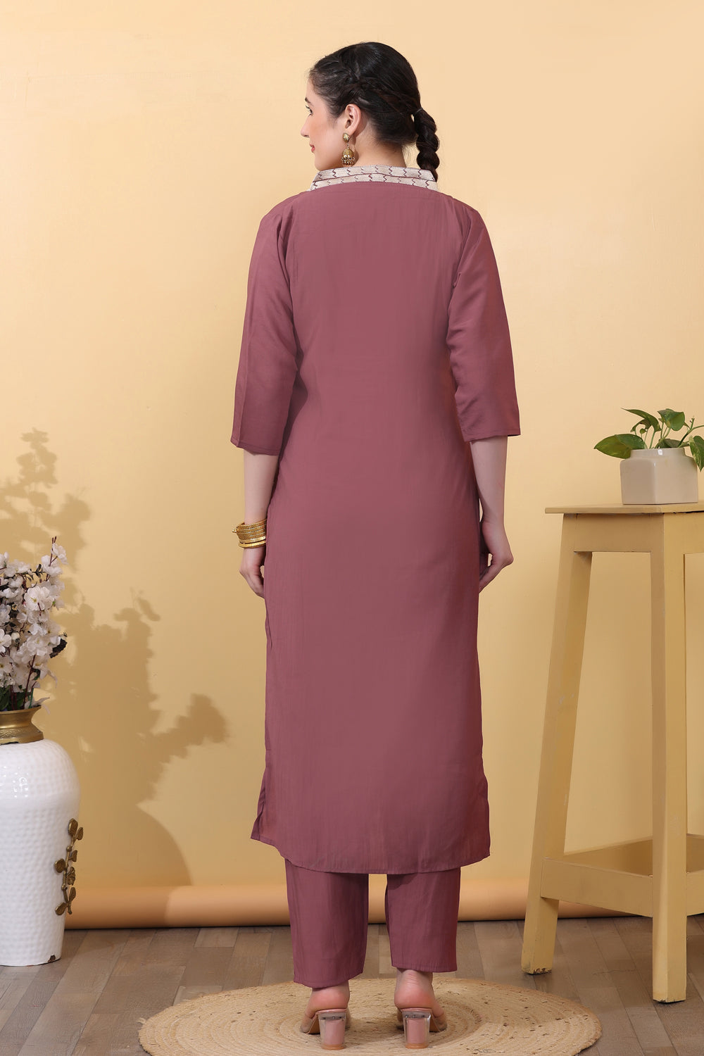 Mauve Roman Silk Salwar Kurta Dupatta Set for Women