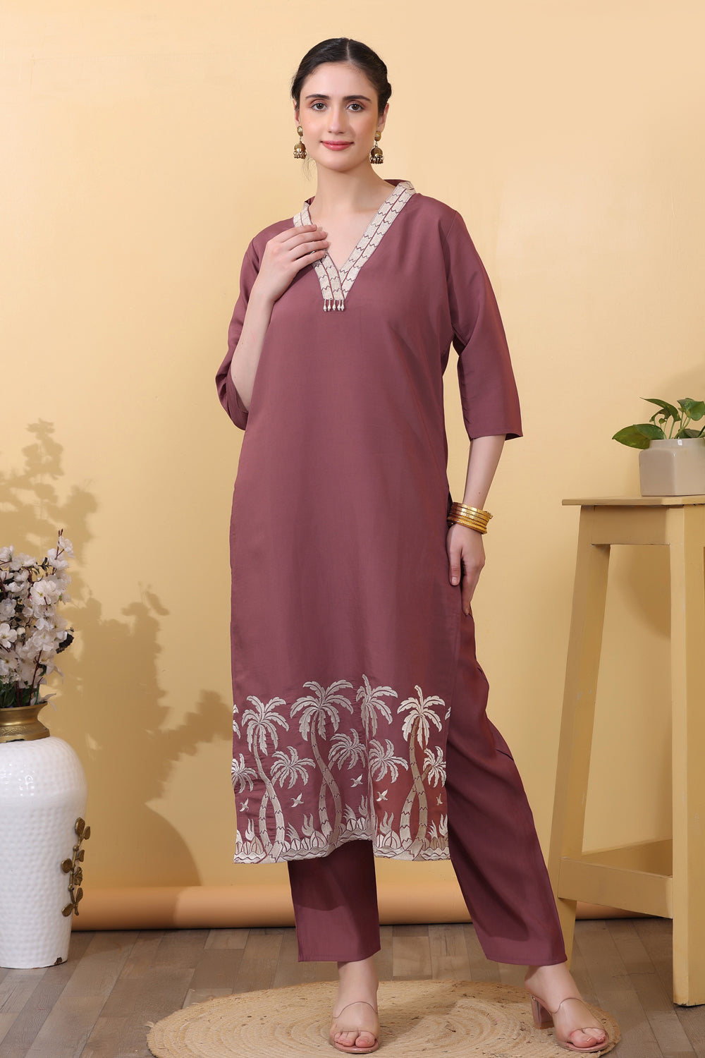 Mauve Roman Silk Salwar Kurta Dupatta Set for Women