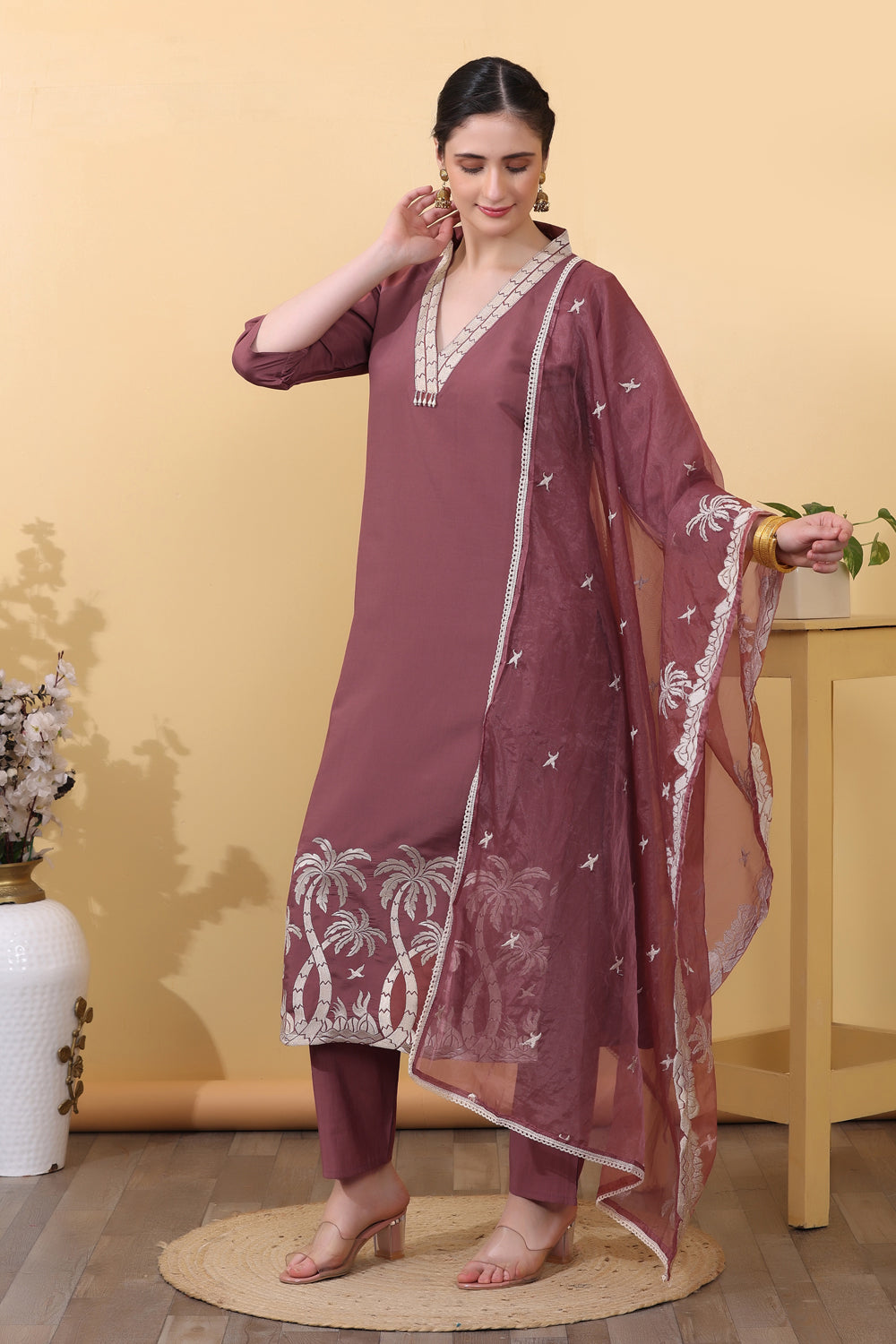 Mauve Roman Silk Salwar Kurta Dupatta Set for Women