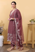 Mauve Roman Silk Salwar Kurta Dupatta Set for Women