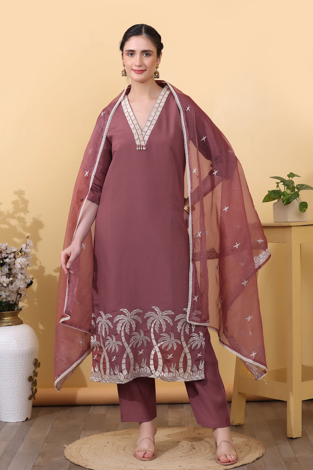 Mauve Roman Silk Salwar Kurta Dupatta Set for Women