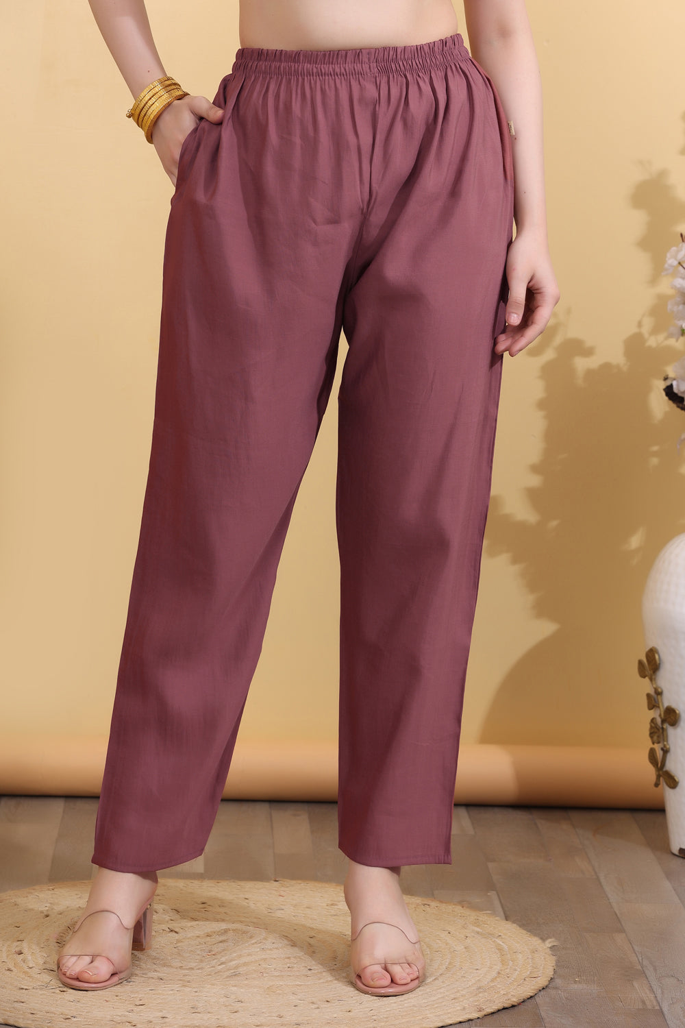 Mauve Roman Silk Salwar Kurta Dupatta Set for Women