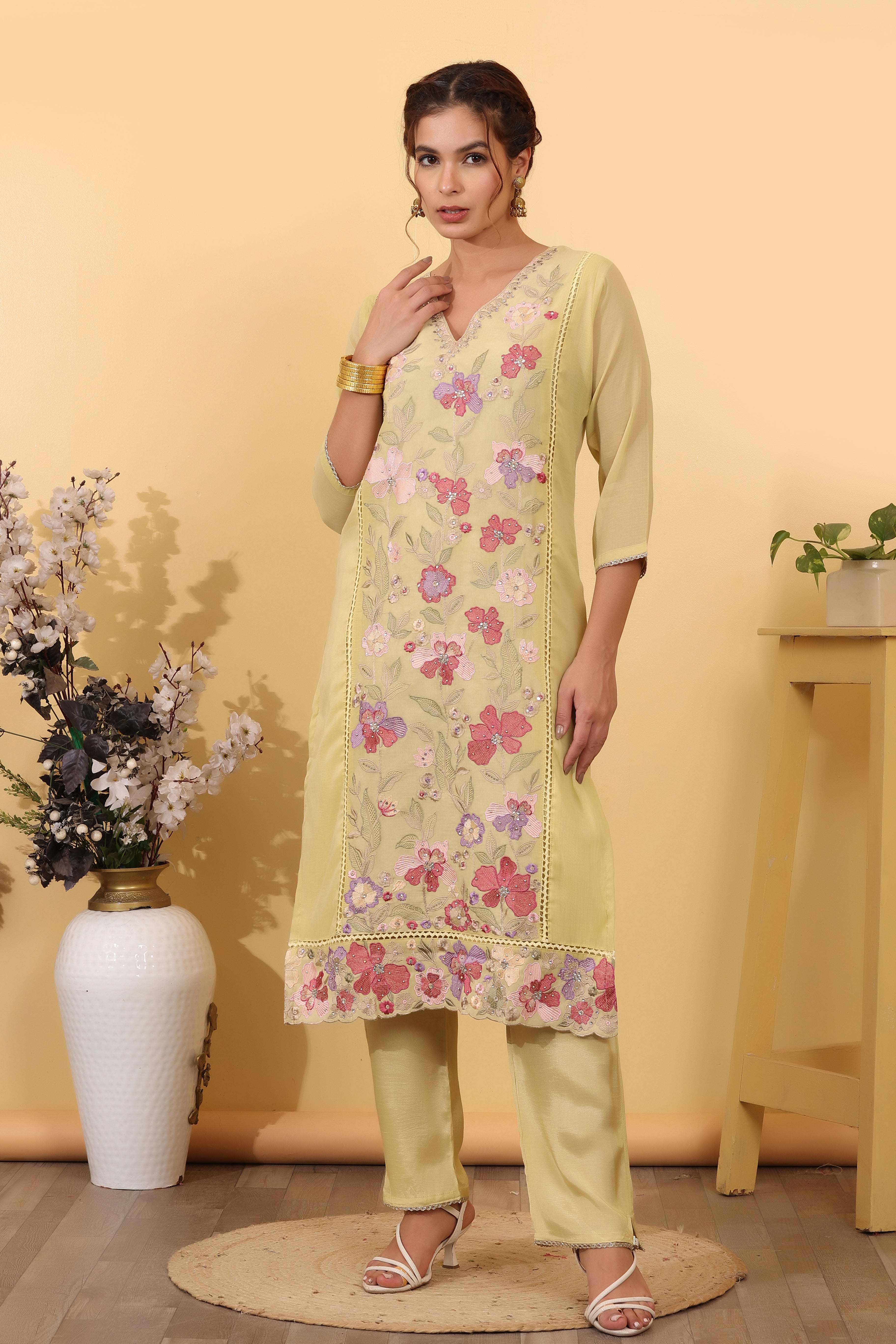 Lime Green Cotton Silk Embroidered Salwar Kurta Dupatta Set