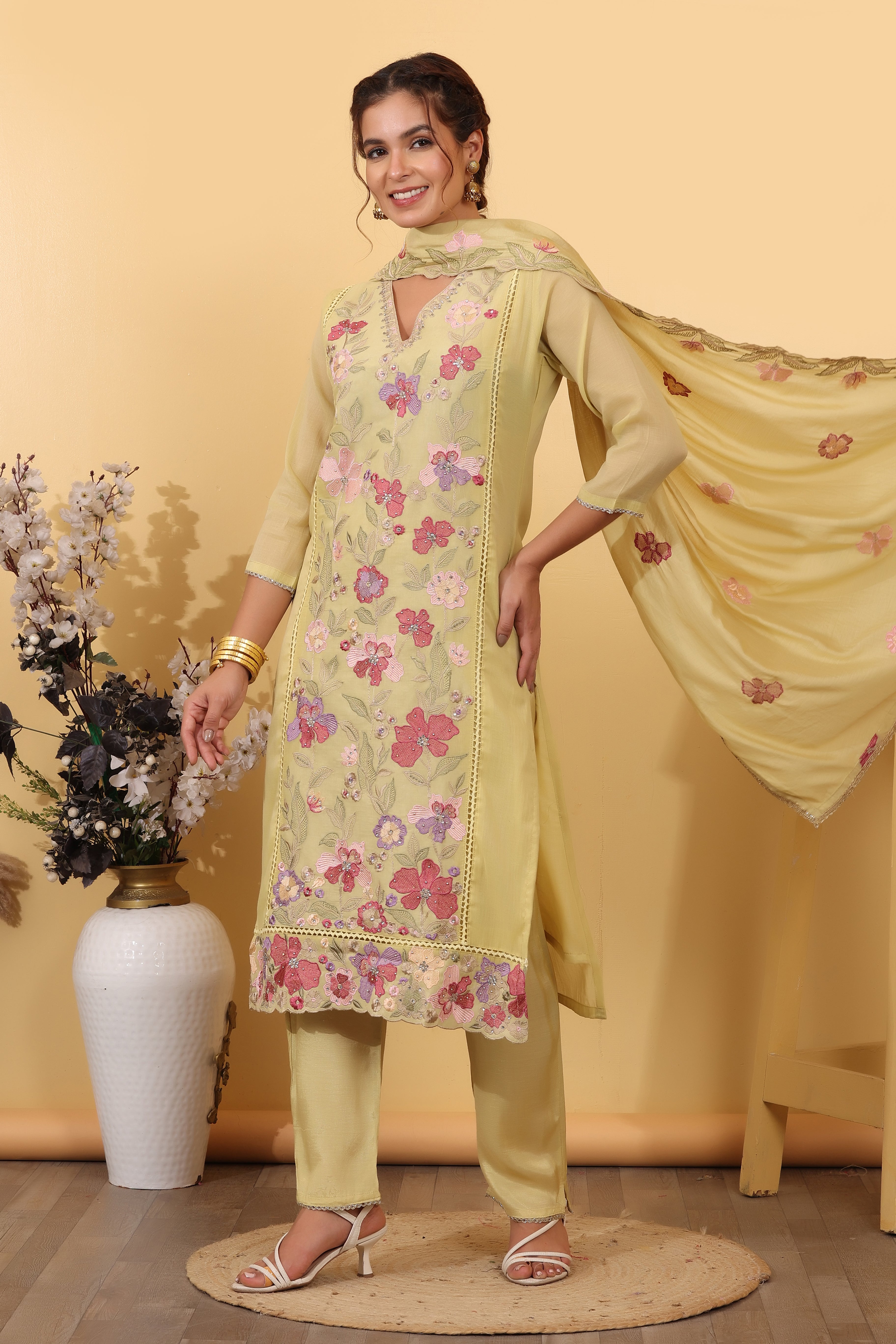Lime Green Cotton Silk Embroidered Salwar Kurta Dupatta Set