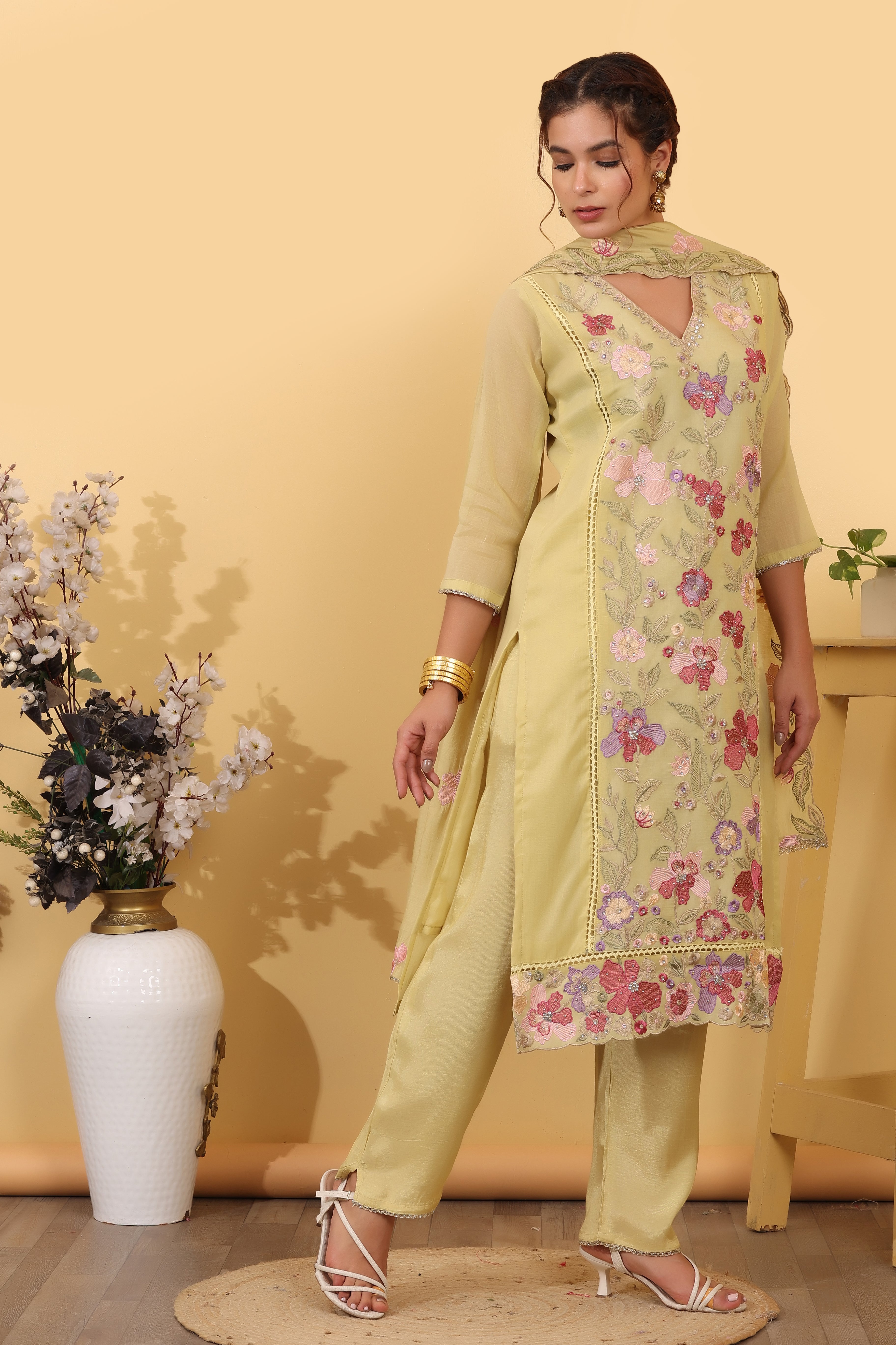 Lime Green Cotton Silk Embroidered Salwar Kurta Dupatta Set