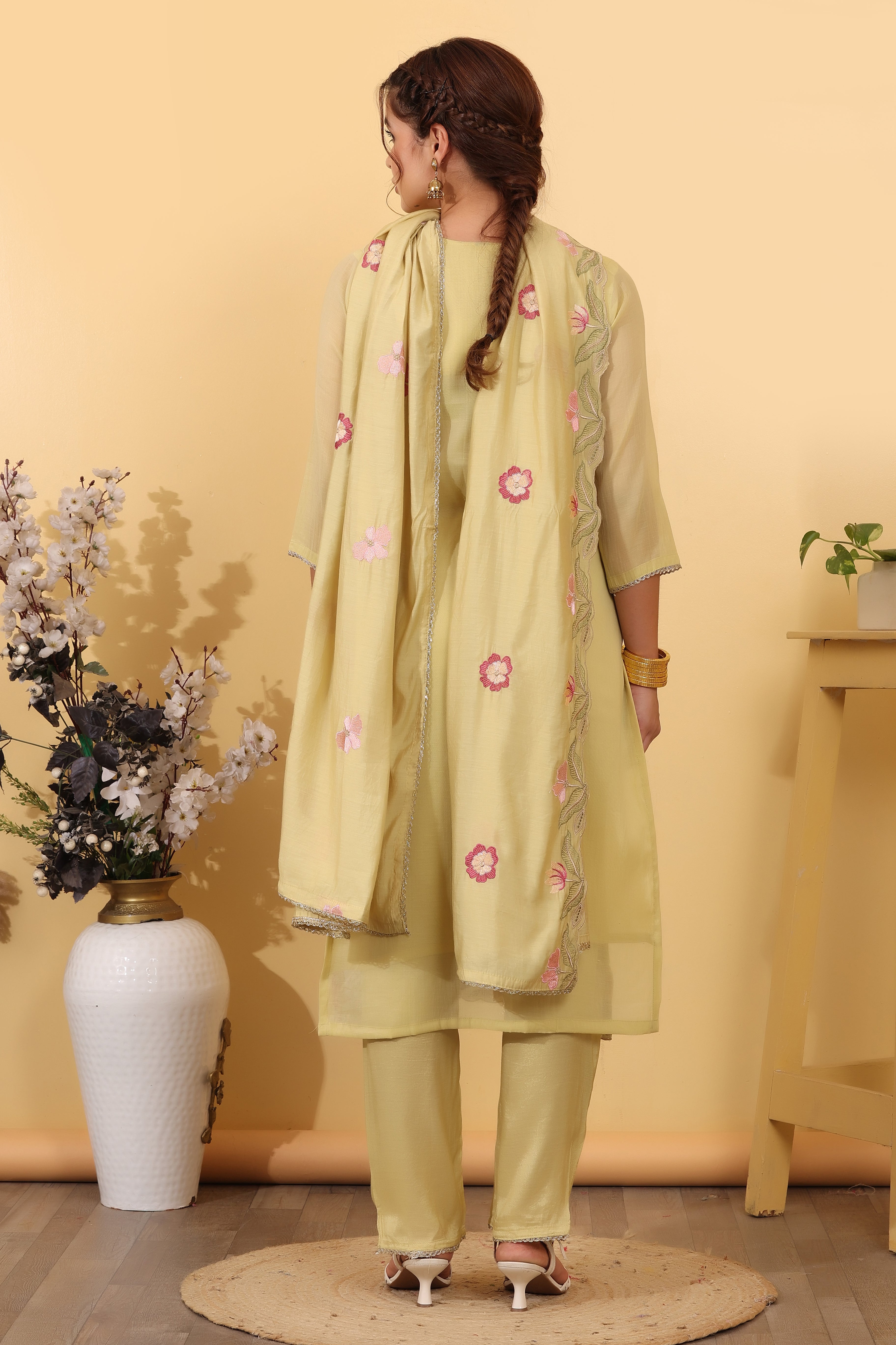 Lime Green Cotton Silk Embroidered Salwar Kurta Dupatta Set