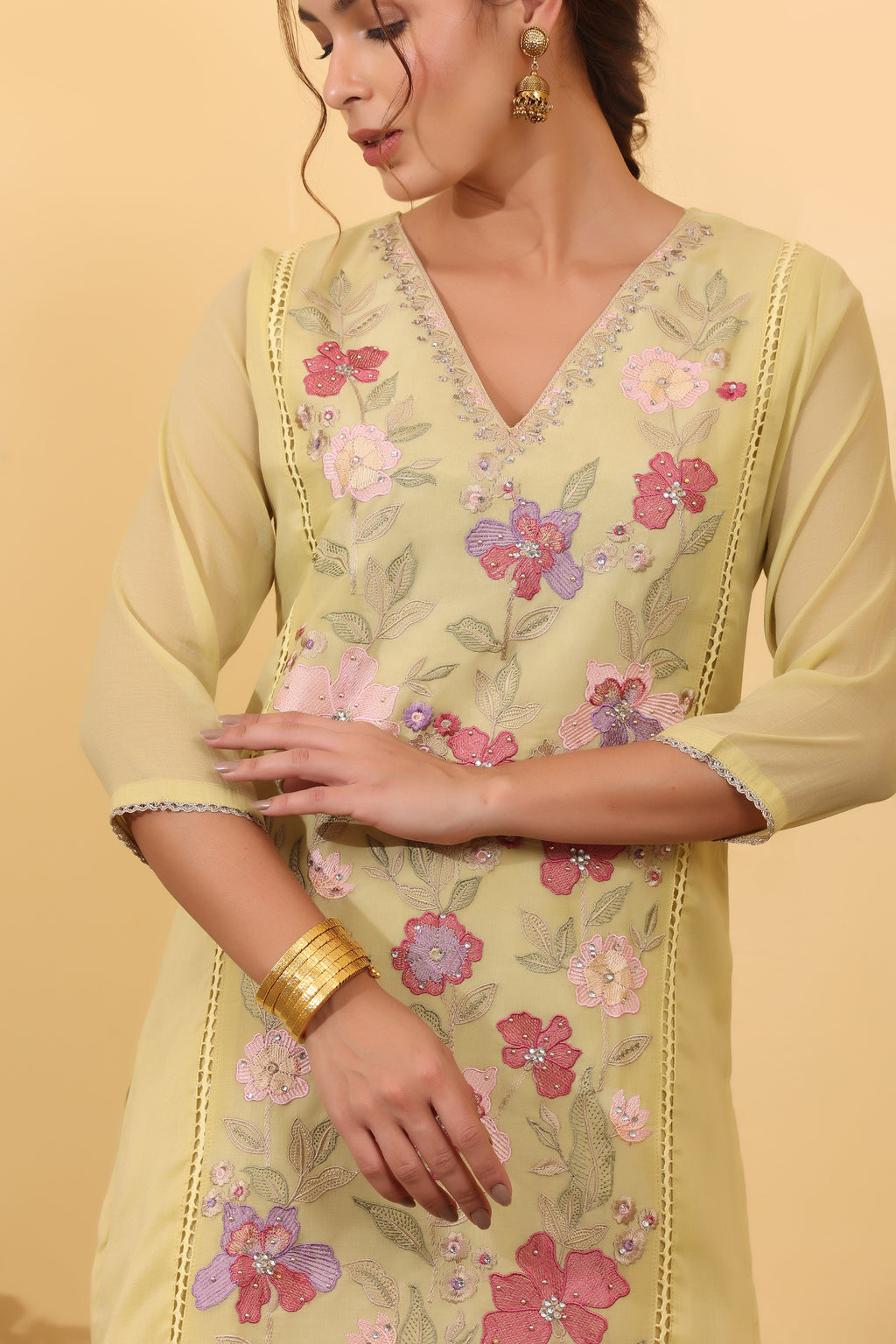 Lime Green Cotton Silk Embroidered Salwar Kurta Dupatta Set