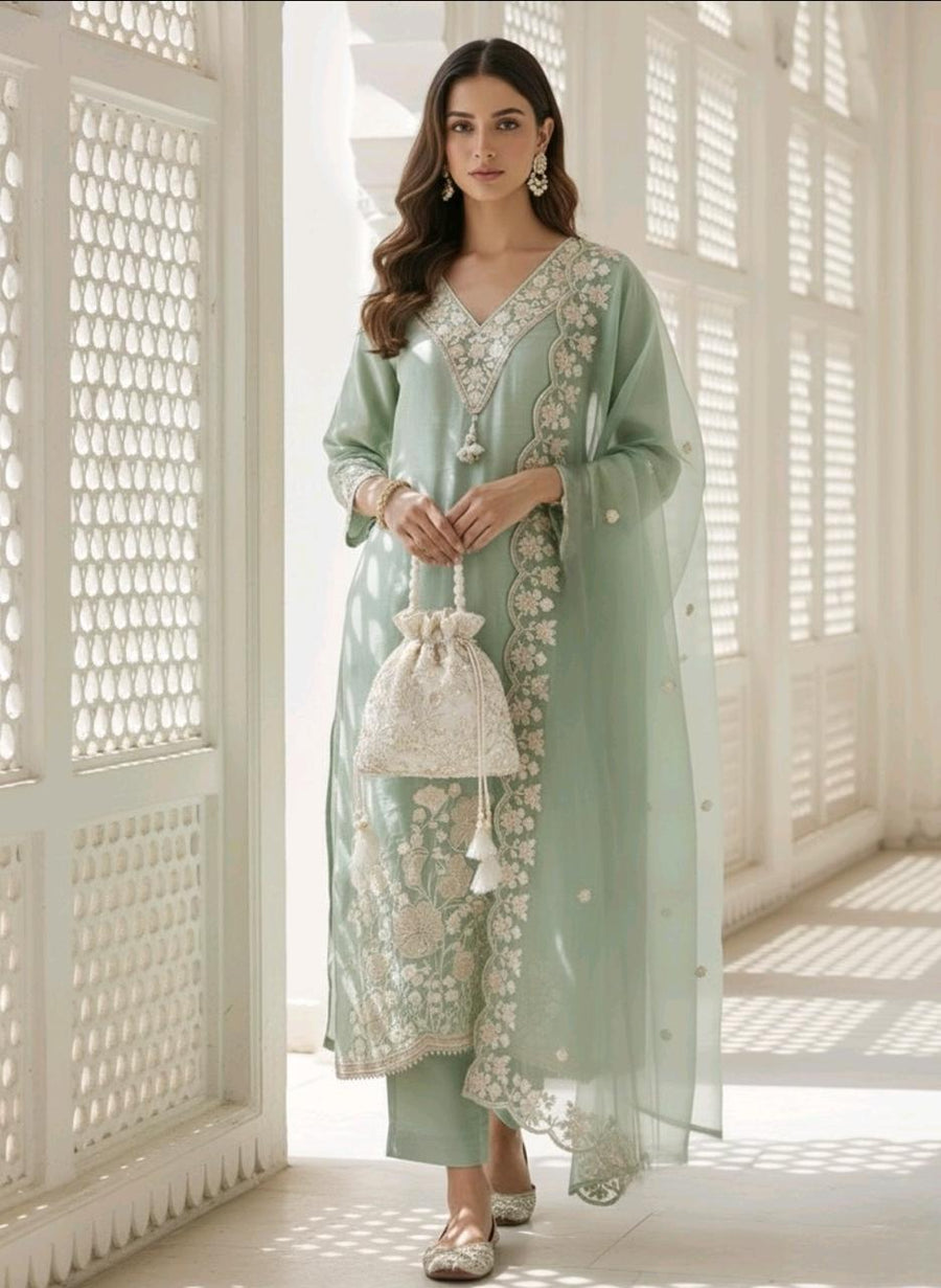 Mint Green Tissue Silk Salwar Kurta Dupatta Set