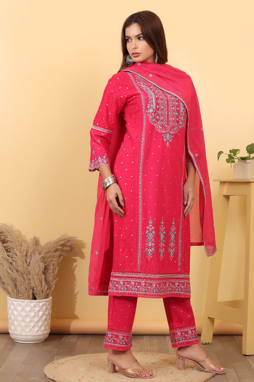 Fuchsia Pink Embroidered Cotton Suit Set with Dupatta HSDAASKSI000001