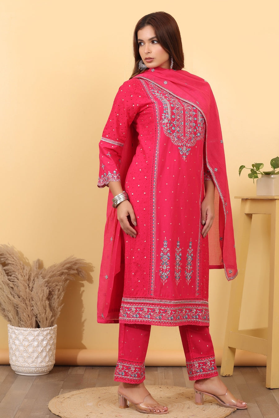Fuchsia Pink Embroidered Cotton Suit Set with Dupatta