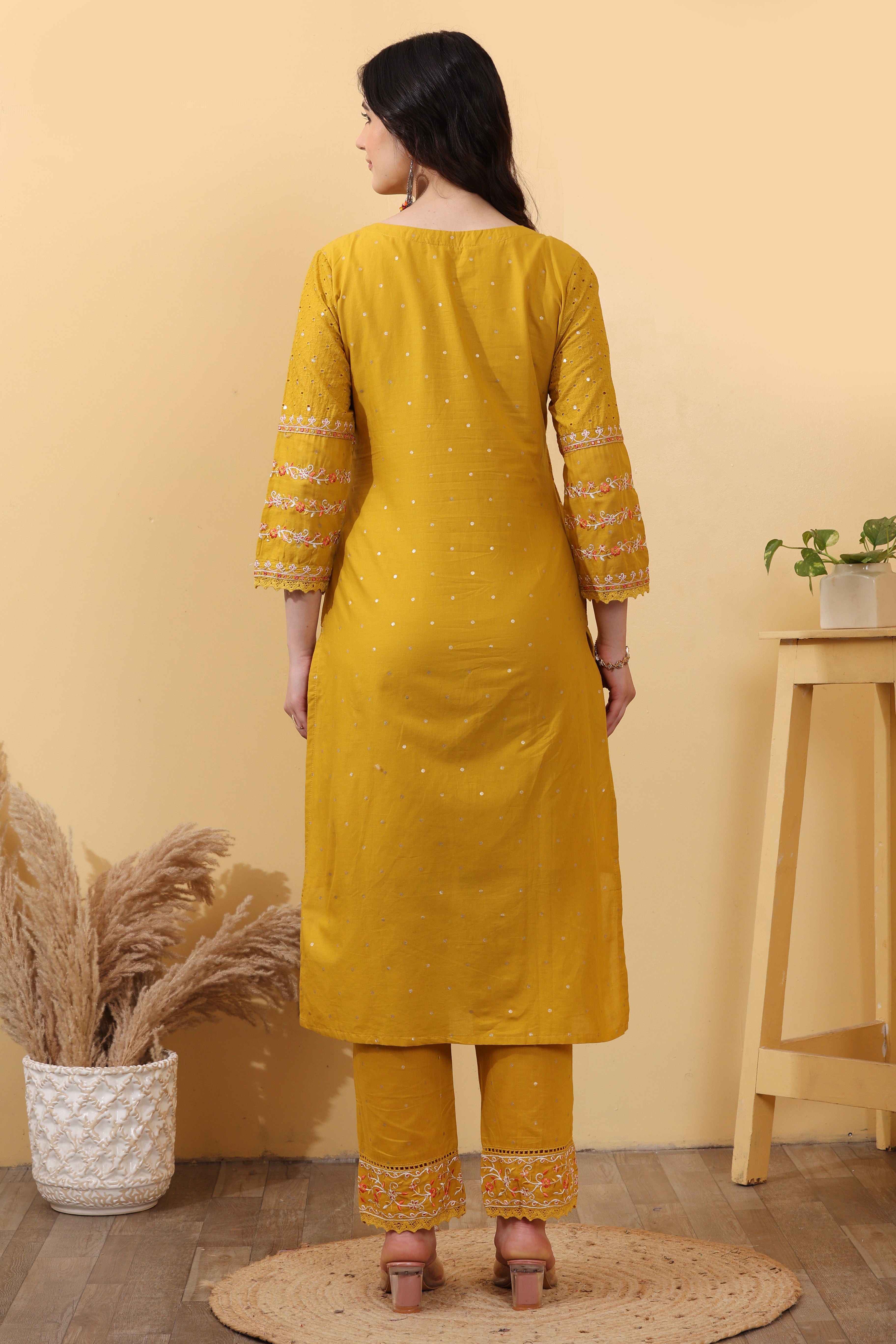 Yellow Cotton Embroidered Salwar Kurta Dupatta Set for Women