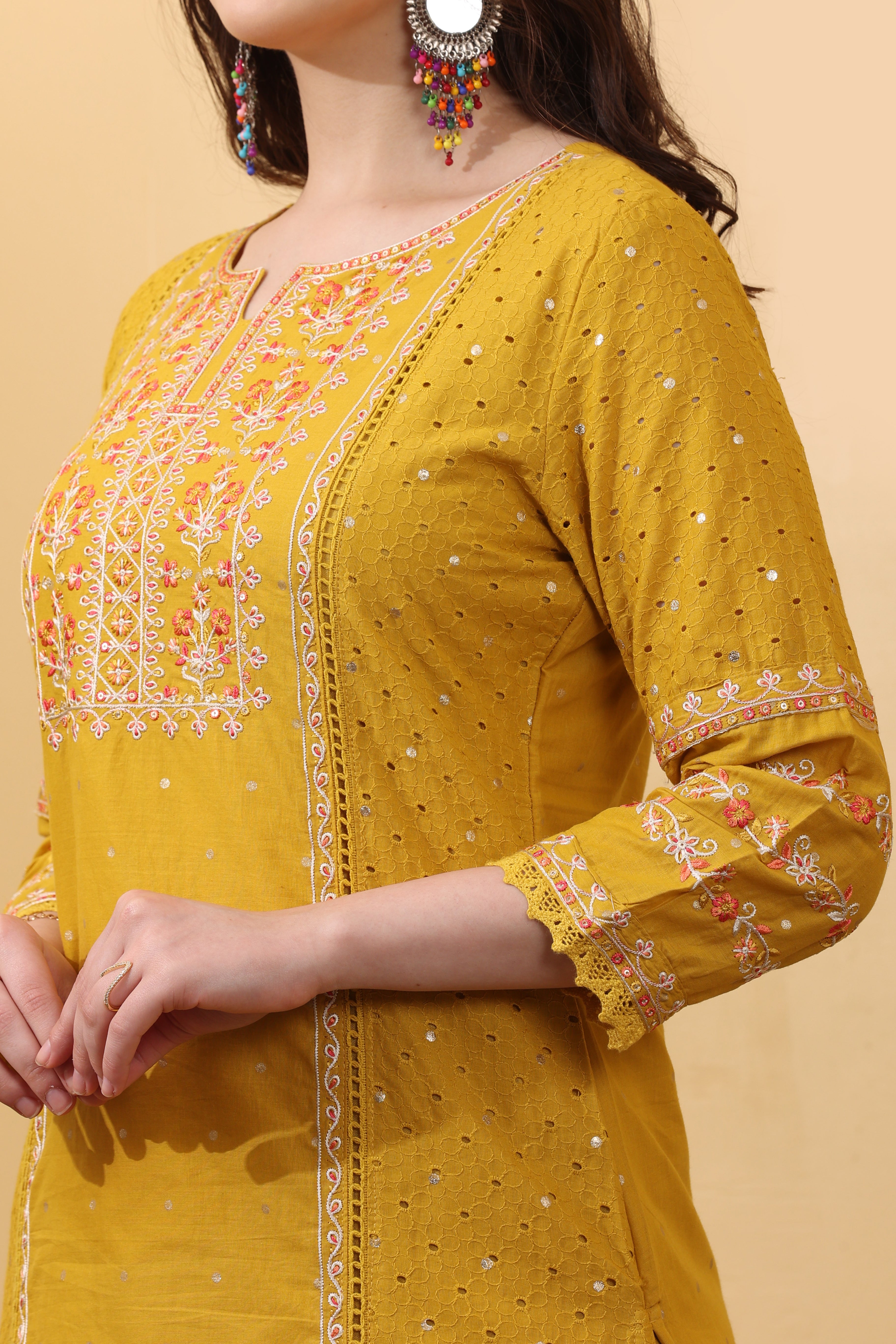 Yellow Cotton Embroidered Salwar Kurta Dupatta Set for Women
