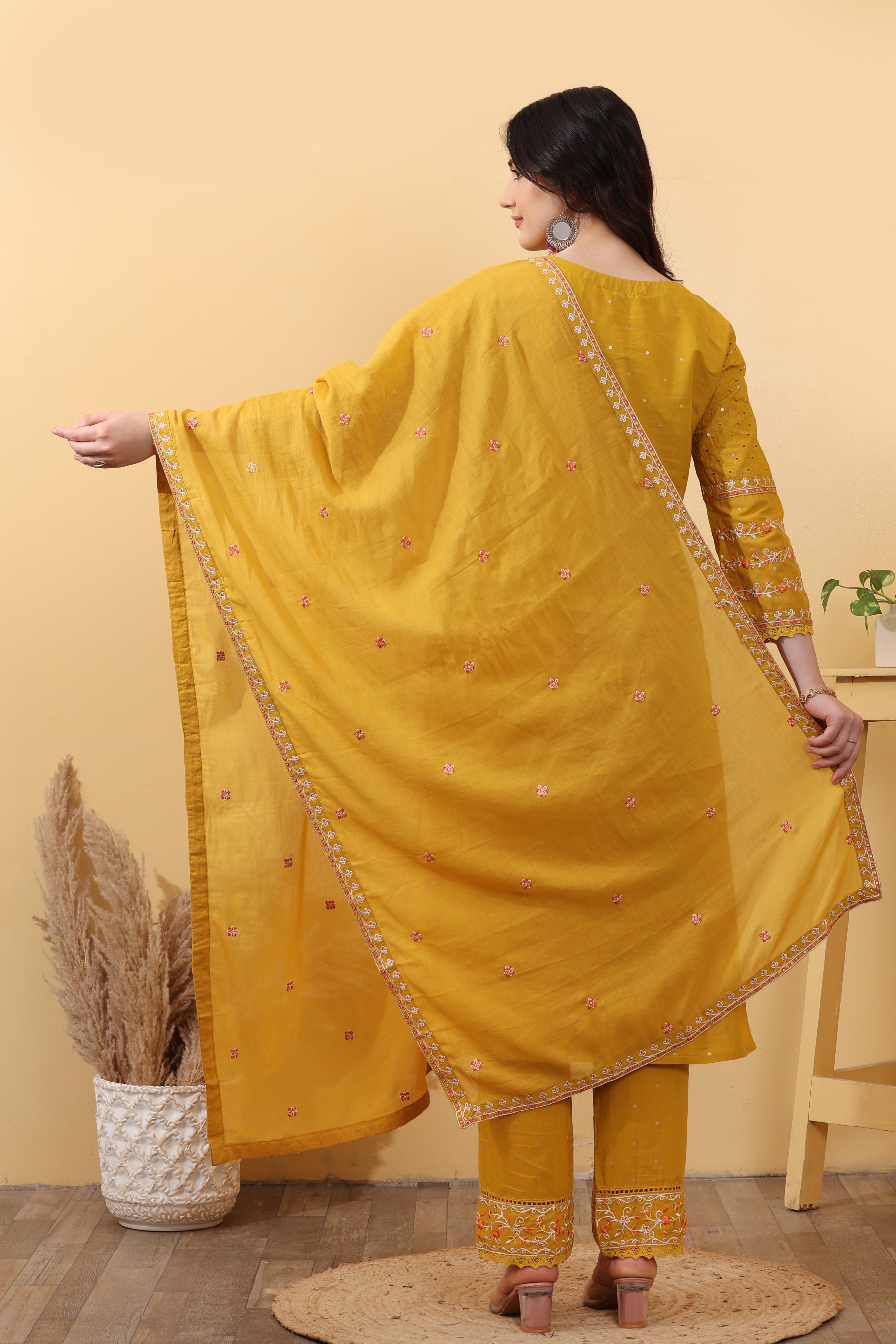 Yellow Cotton Embroidered Salwar Kurta Dupatta Set for Women