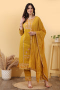 Yellow Cotton Embroidered Salwar Kurta Dupatta Set for Women