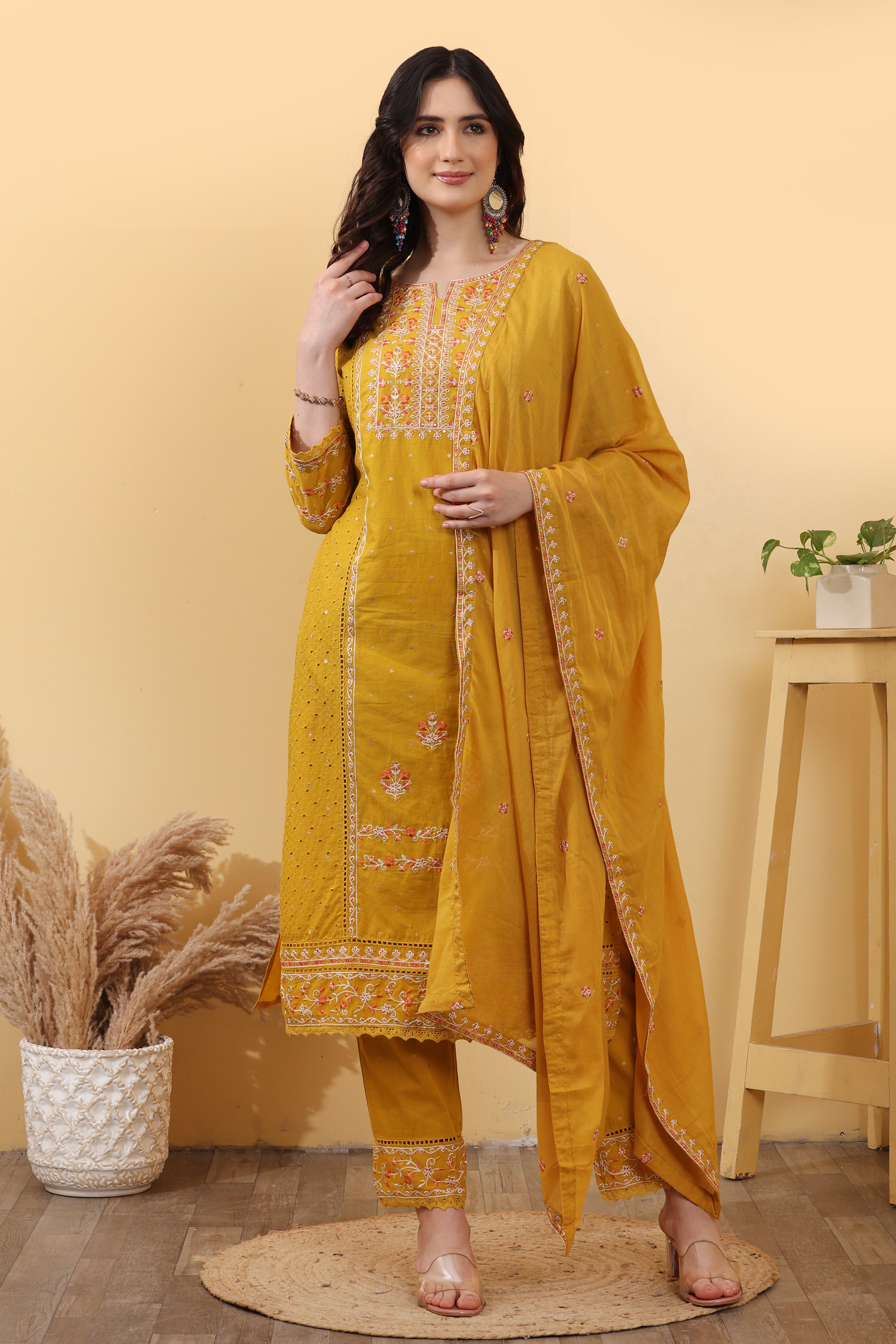 Yellow Cotton Embroidered Salwar Kurta Dupatta Set for Women