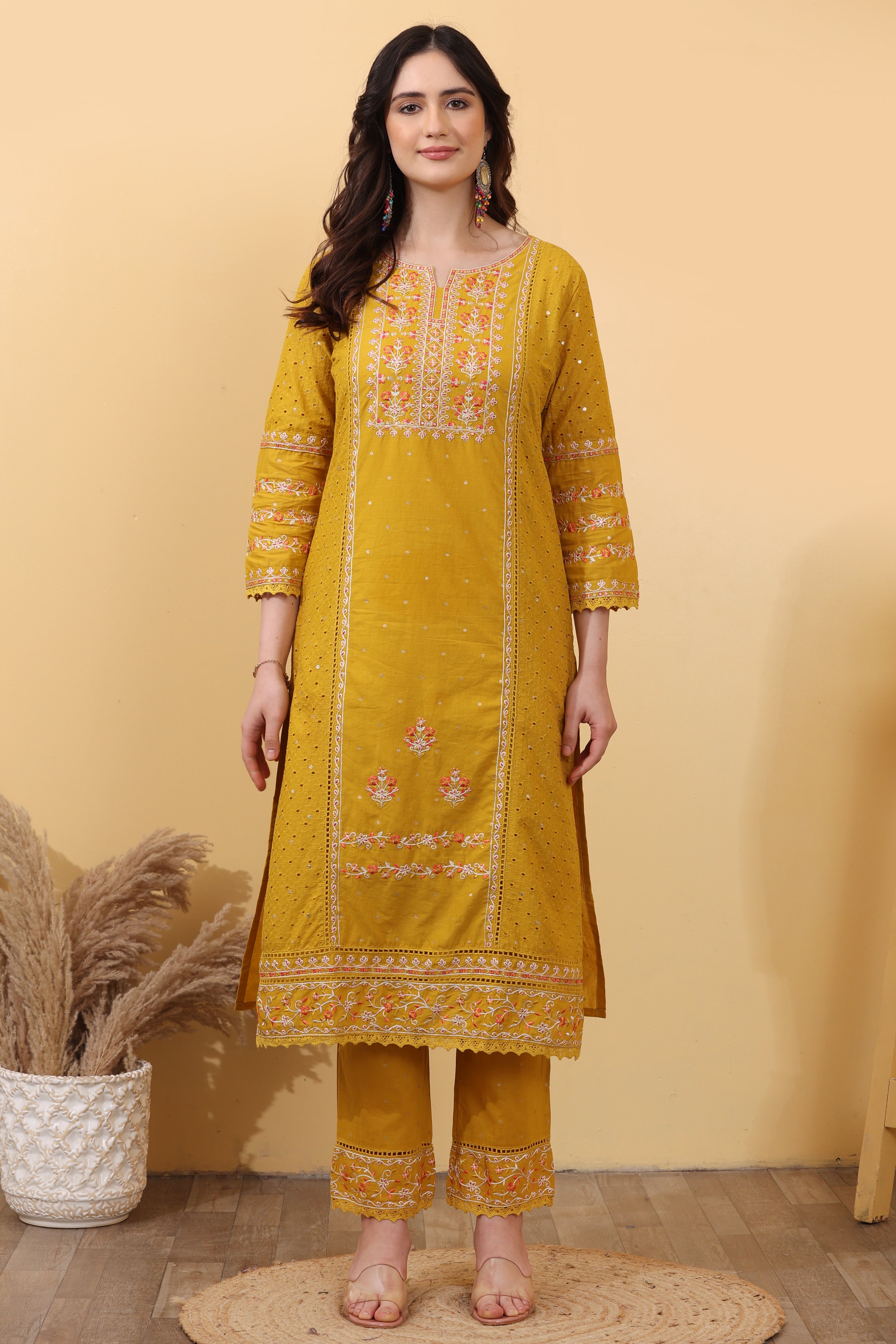 Yellow Cotton Embroidered Salwar Kurta Dupatta Set for Women