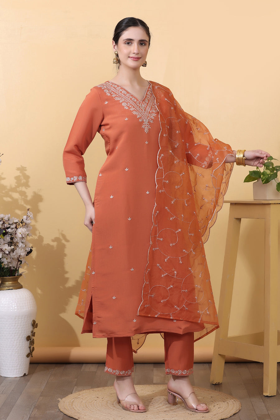 Orange Roman Silk Salwar Kurta Dupatta Set for Women