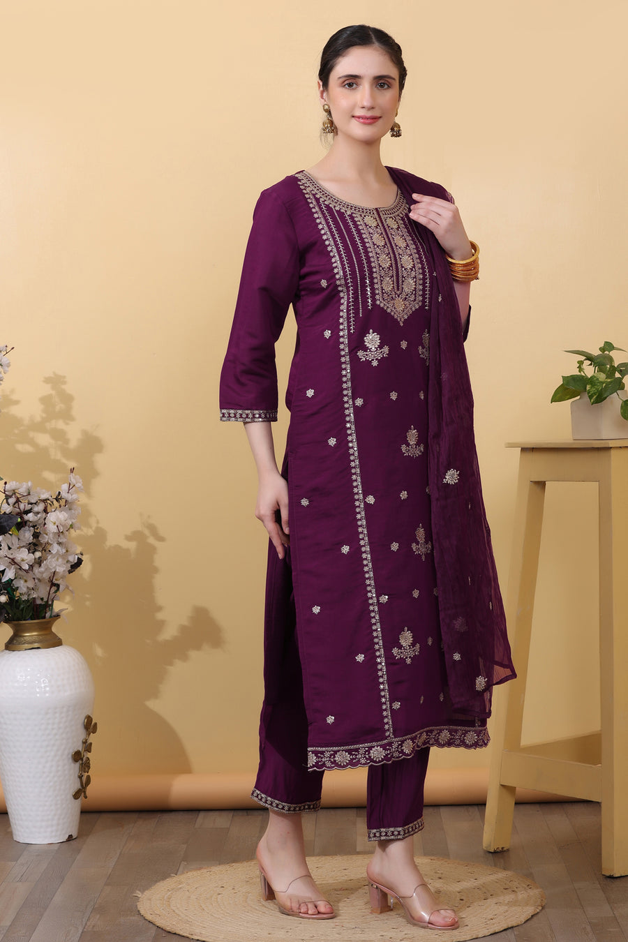 Wine Roman Silk Salwar Kurta Dupatta Set for Women
