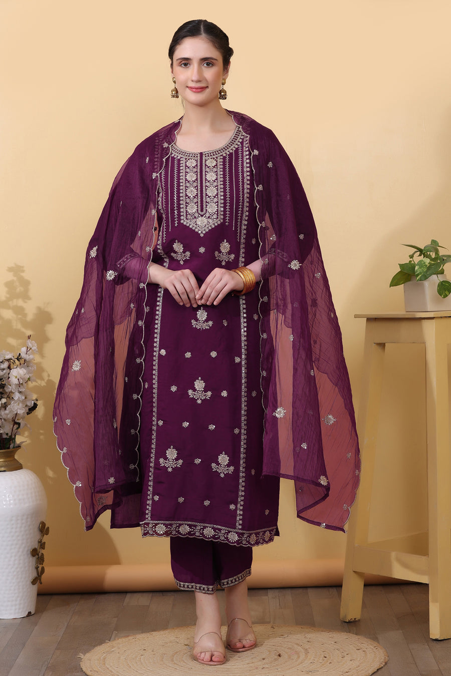 Wine Roman Silk Salwar Kurta Dupatta Set for Women