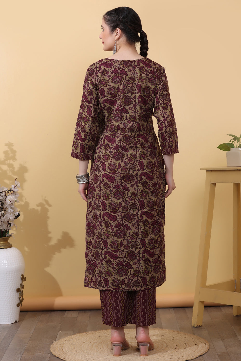 Wine Cotton Salwar Kurta Dupatta Set for Women