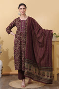 Wine Cotton Salwar Kurta Dupatta Set for Women