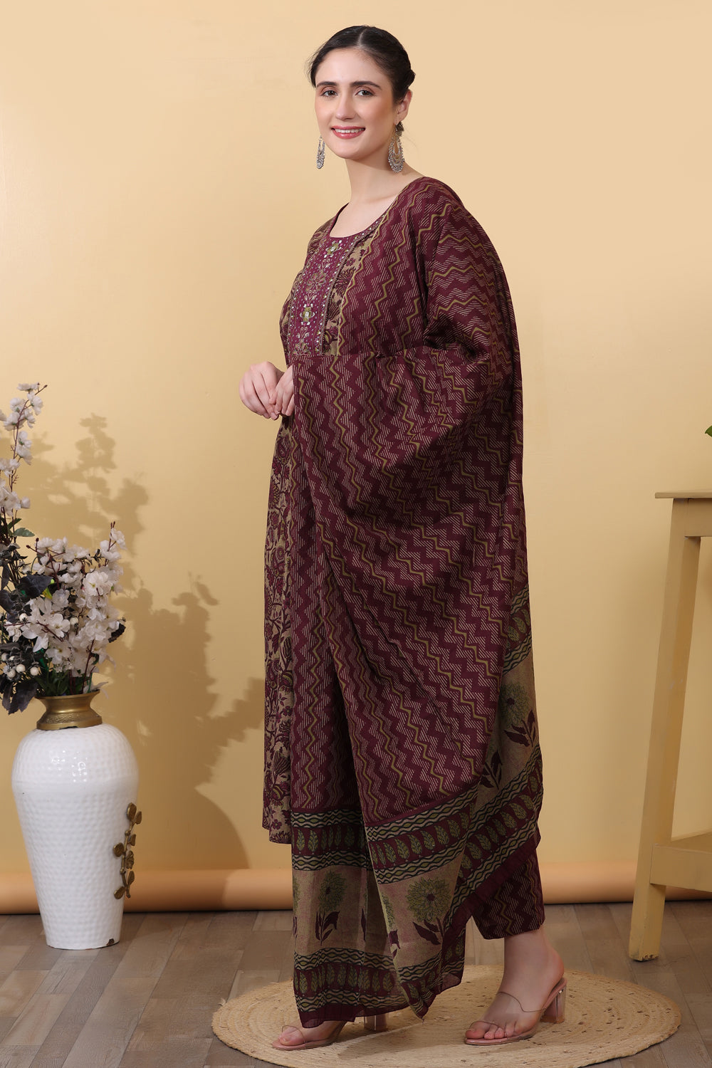 Wine Cotton Salwar Kurta Dupatta Set for Women