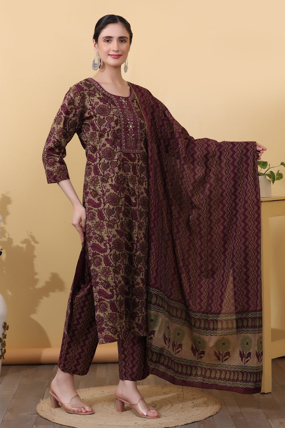 Wine Cotton Salwar Kurta Dupatta Set for Women