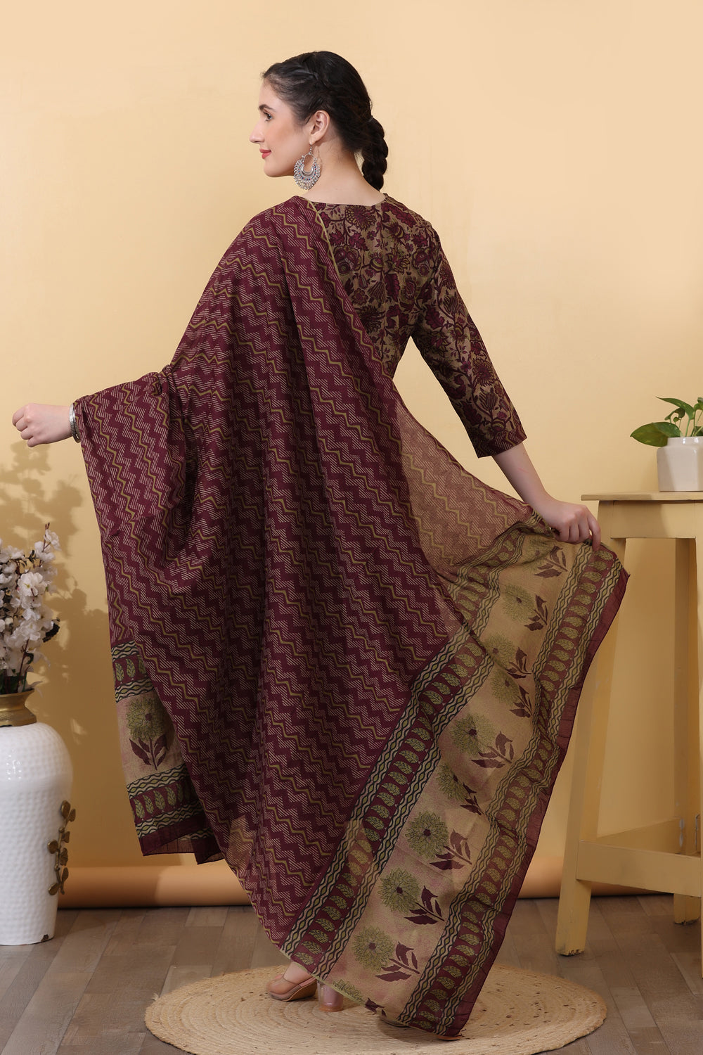 Wine Cotton Salwar Kurta Dupatta Set for Women