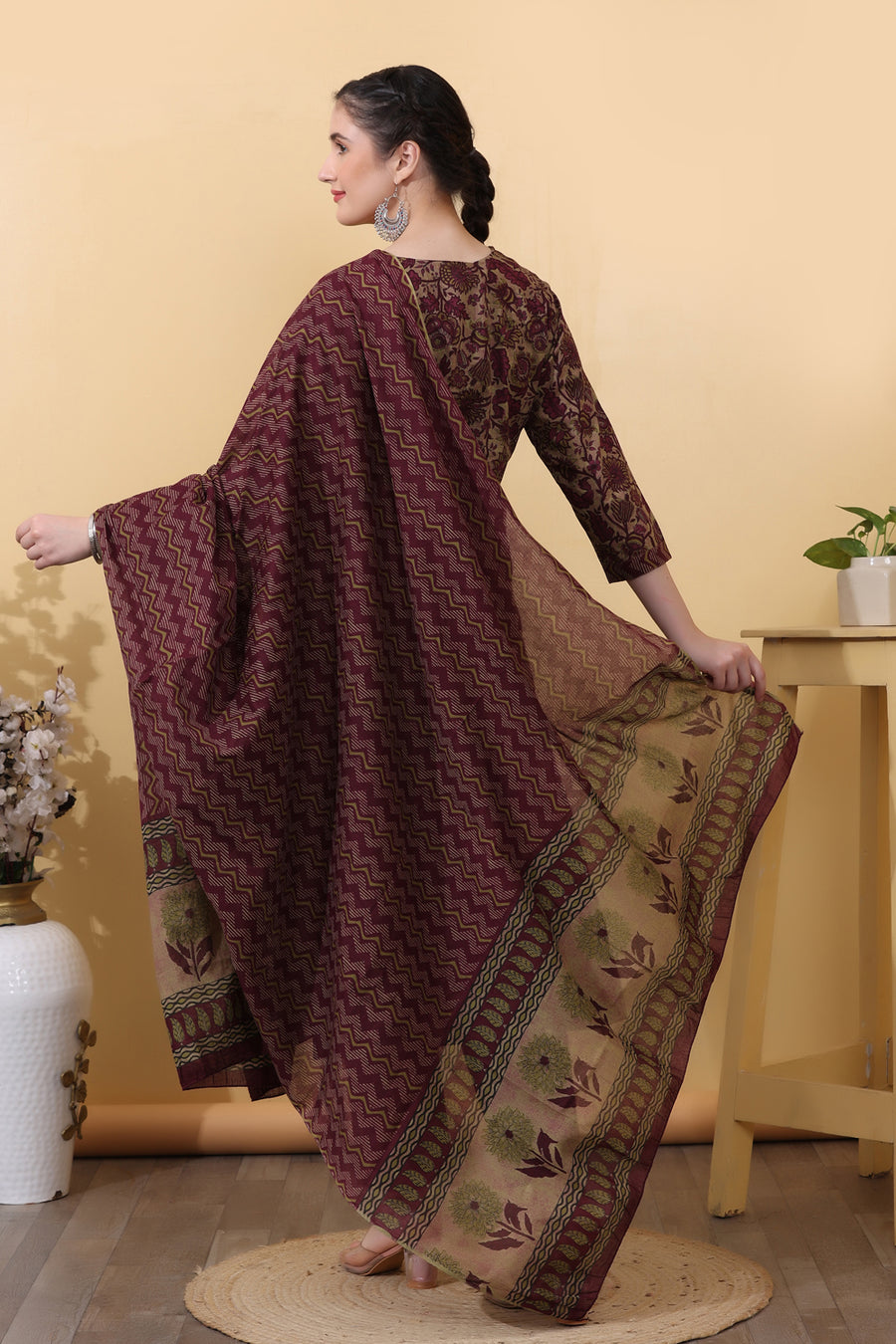 Wine Cotton Salwar Kurta Dupatta Set for Women