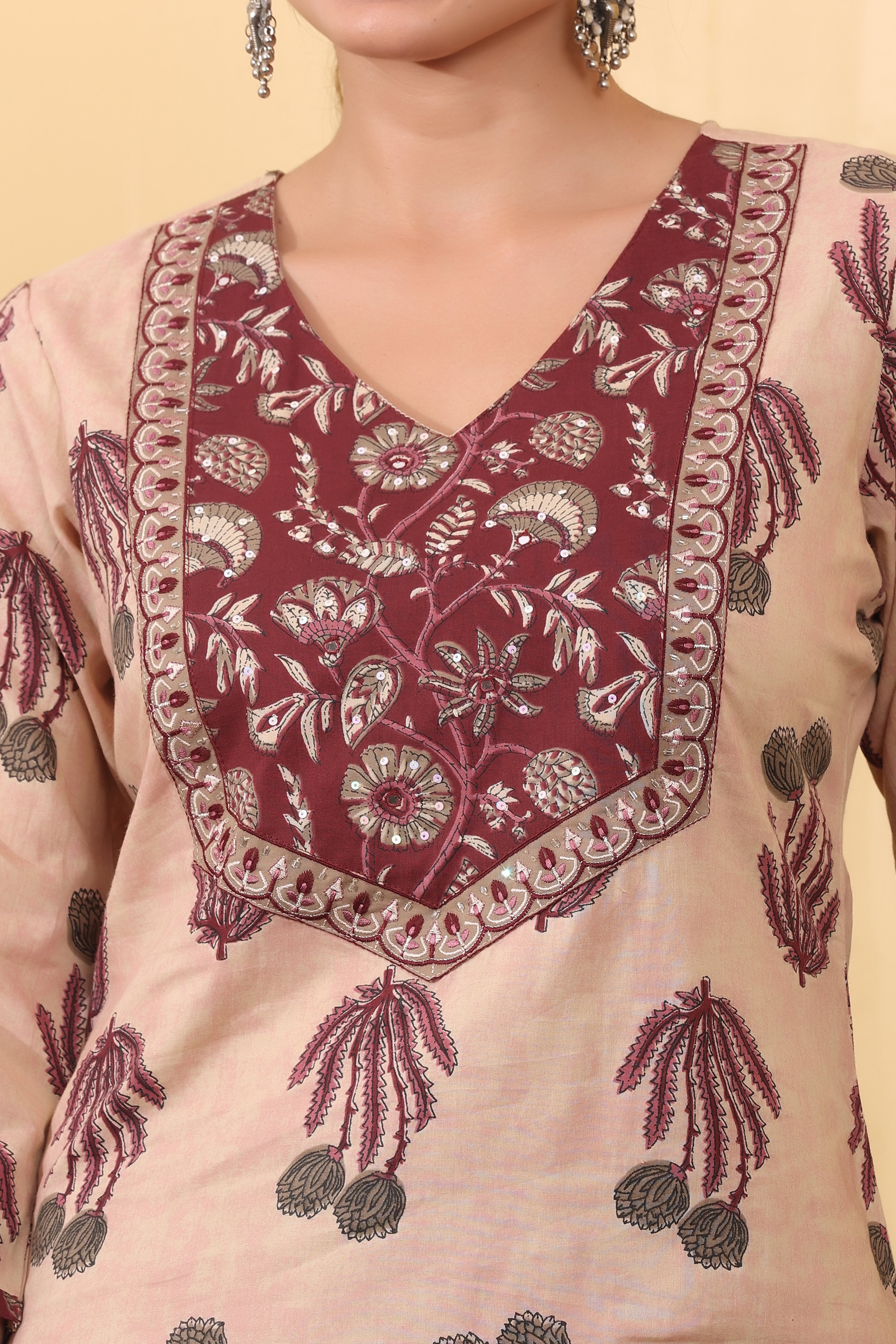 Beige & Maroon Cotton Salwar Kurta Dupatta Set for Women