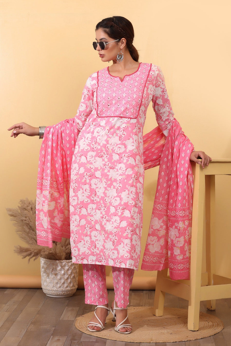 Blush Pink Cotton Floral Printed Suit Set with Matching Dupatta HSDAASKST000007