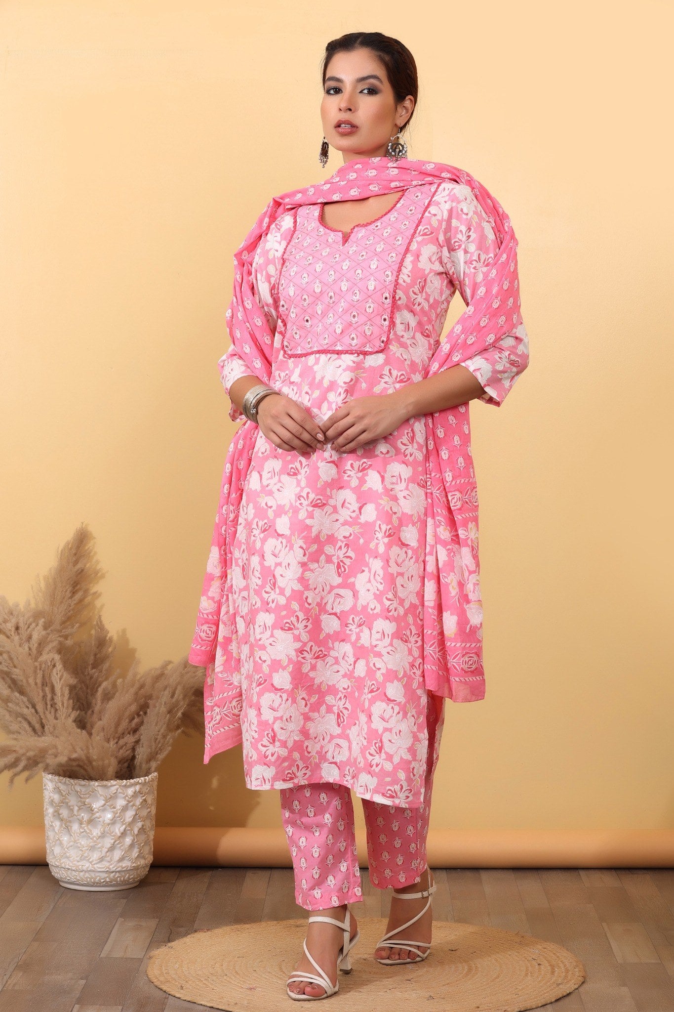 Blush Pink Cotton Floral Printed Suit Set with Matching Dupatta HSDAASKST000007