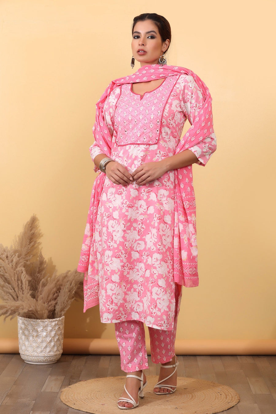 Blush Pink Cotton Floral Printed Suit Set with Matching Dupatta HSDAASKST000007