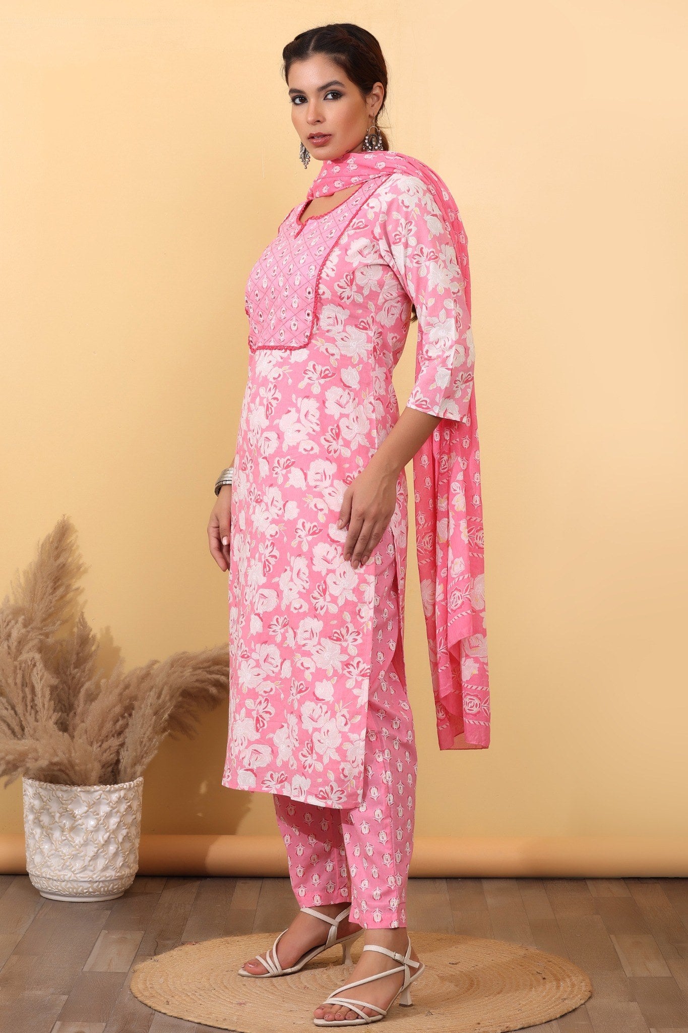 Blush Pink Cotton Floral Printed Suit Set with Matching Dupatta HSDAASKST000007