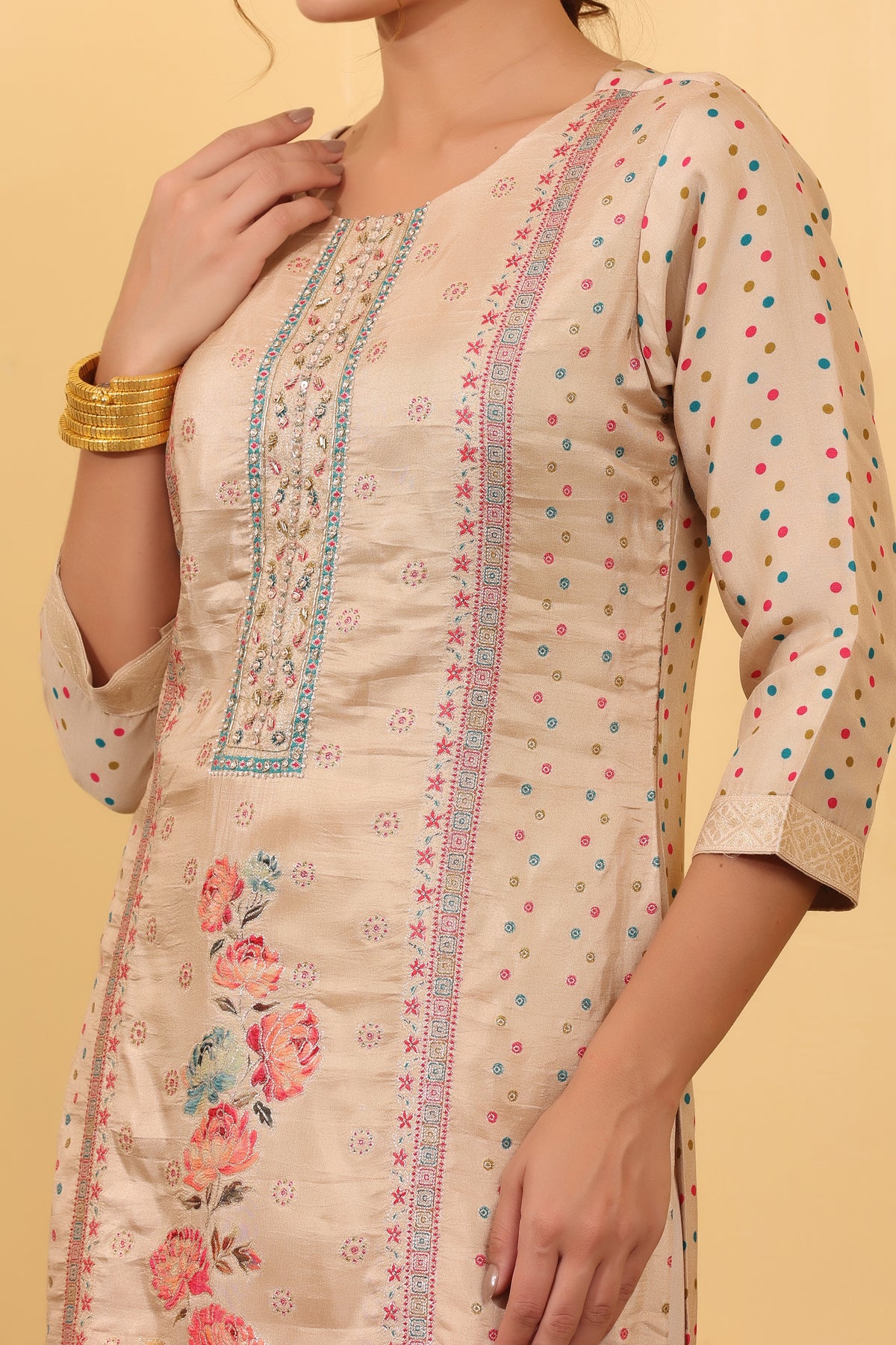 Golden Silk Embroidered Salwar Kurta Dupatta Set for Women