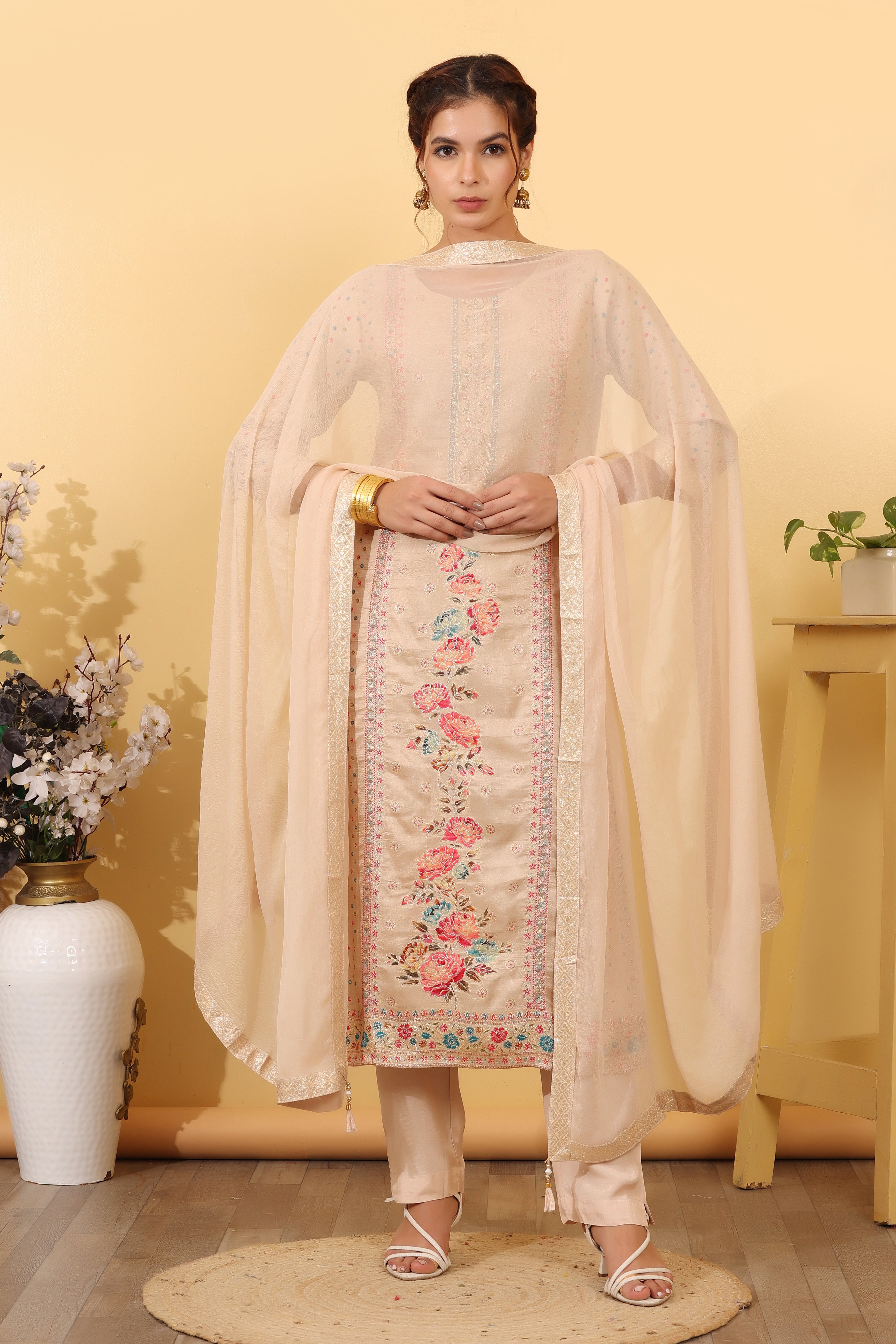 Golden Silk Embroidered Salwar Kurta Dupatta Set for Women