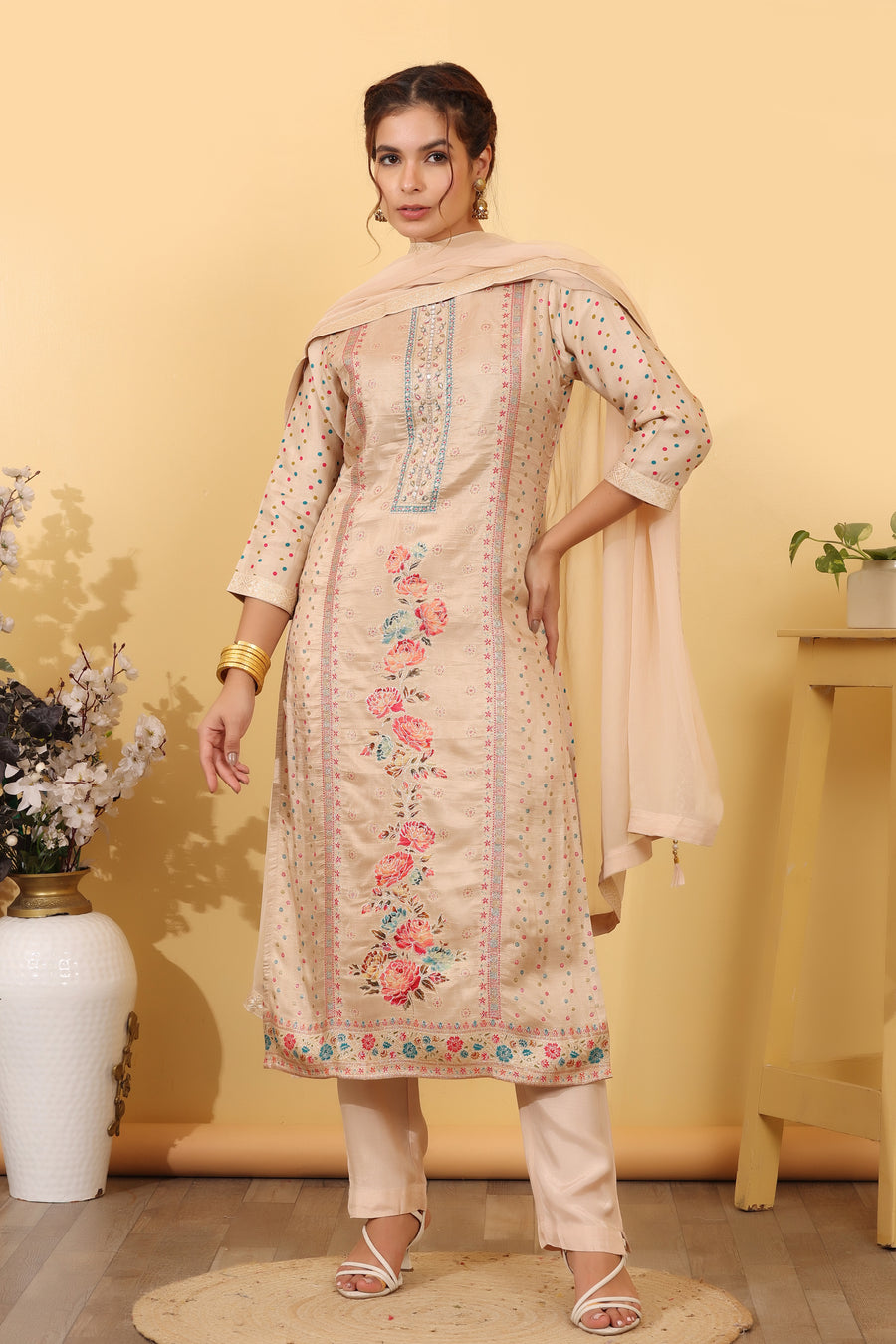 Golden Silk Embroidered Salwar Kurta Dupatta Set for Women