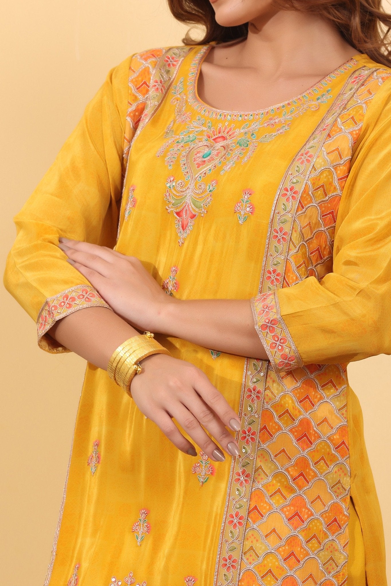 Mustard Yellow Jacquard Silk Embroidered Suit Set with Dupatta