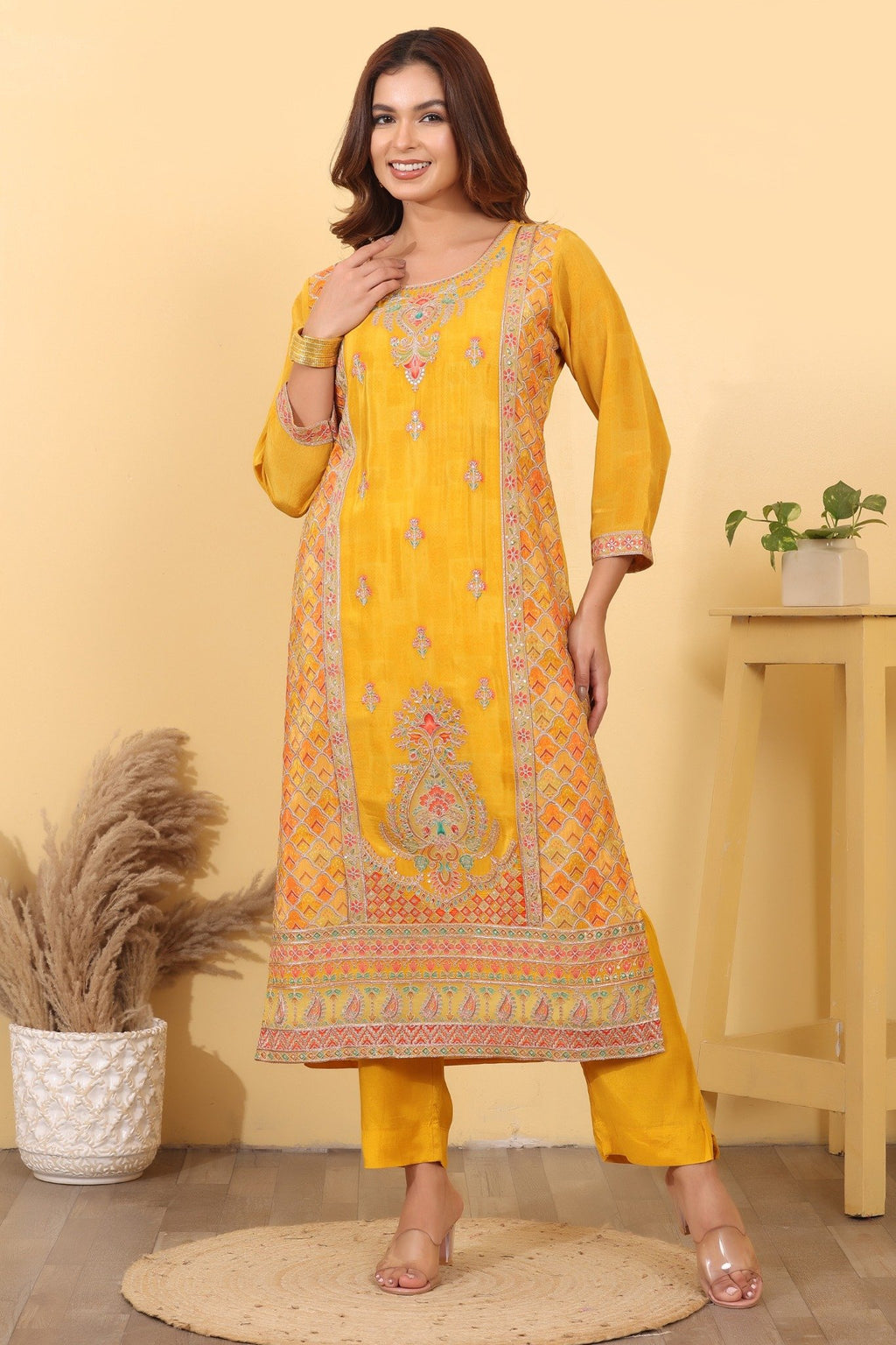 Mustard Yellow Jacquard Silk Embroidered Suit Set with Dupatta