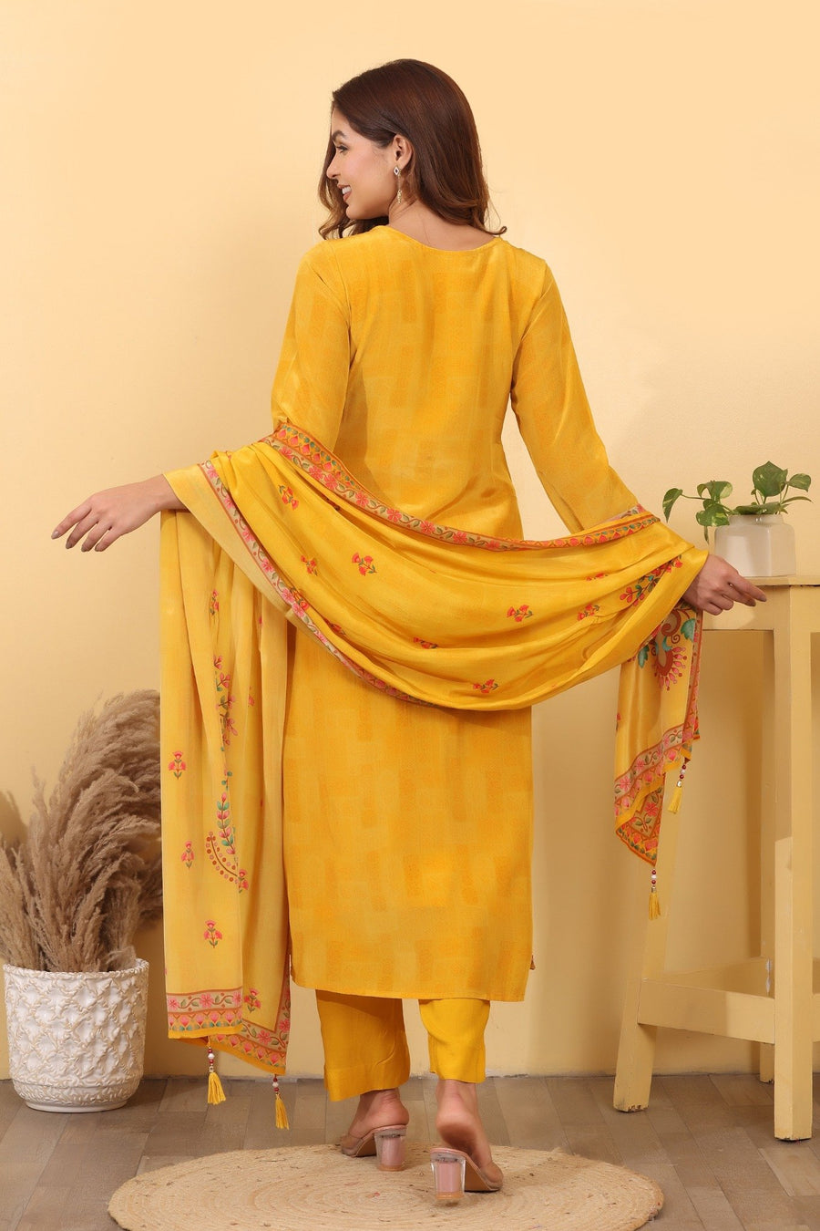 Mustard Yellow Jacquard Silk Embroidered Suit Set with Dupatta