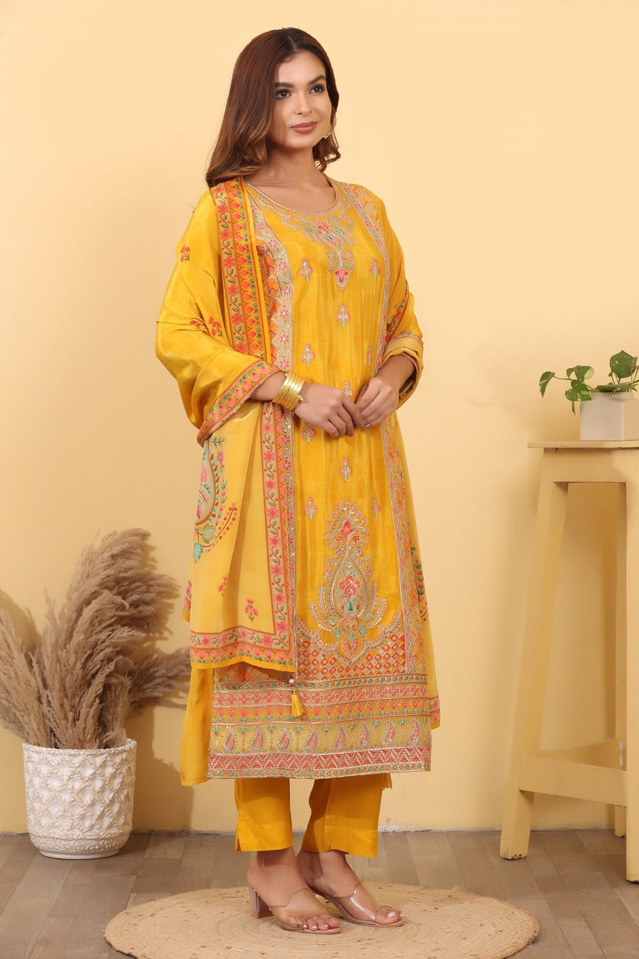 Mustard Yellow Jacquard Silk Embroidered Suit Set with Dupatta