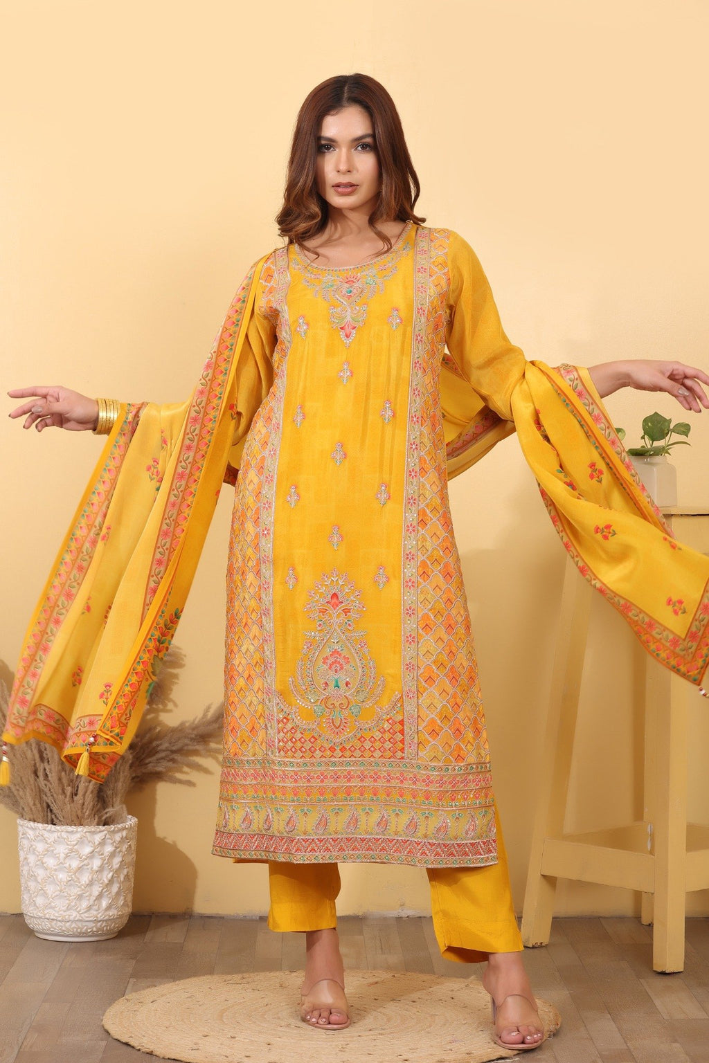 Mustard Yellow Jacquard Silk Embroidered Suit Set with Dupatta