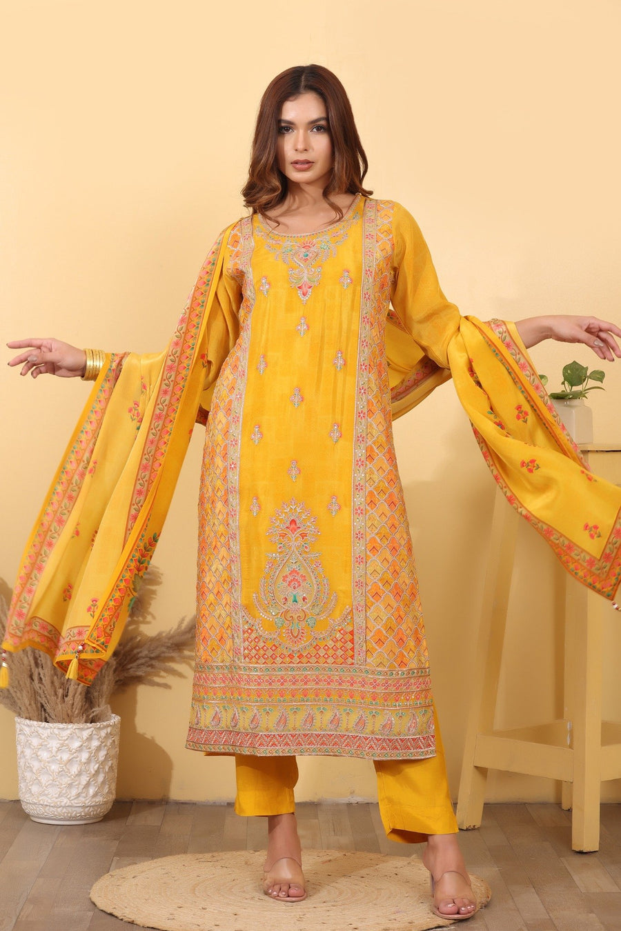 Mustard Yellow Jacquard Silk Embroidered Suit Set with Dupatta