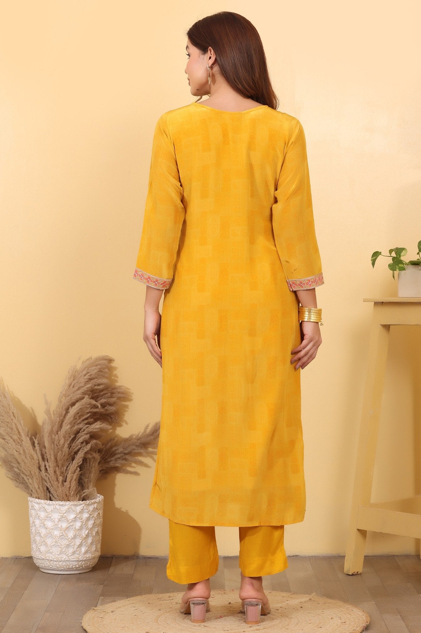 Mustard Yellow Jacquard Silk Embroidered Suit Set with Dupatta