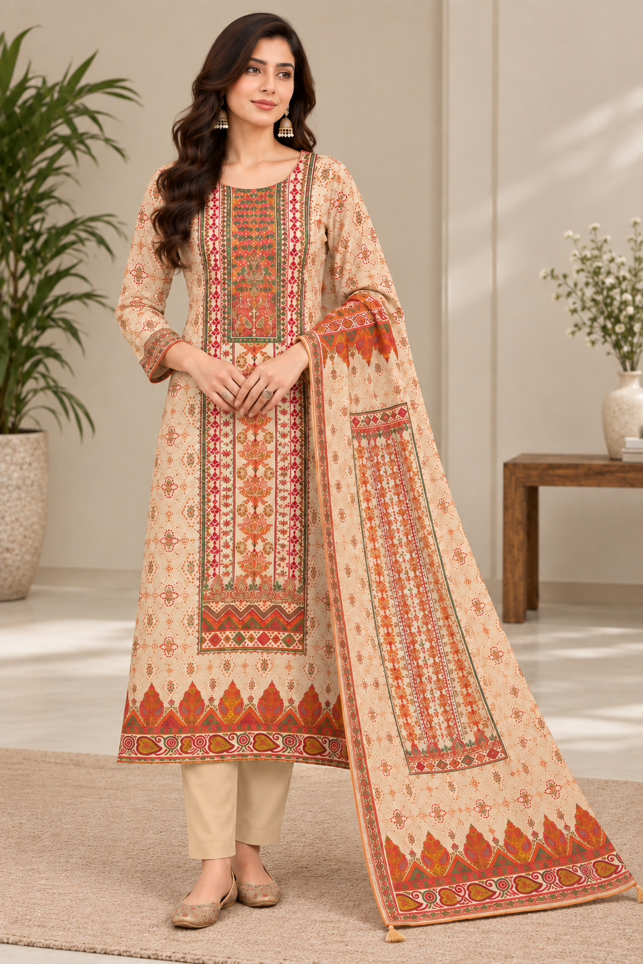 Cream Dola Silk Salwar Kurta Dupatta Set